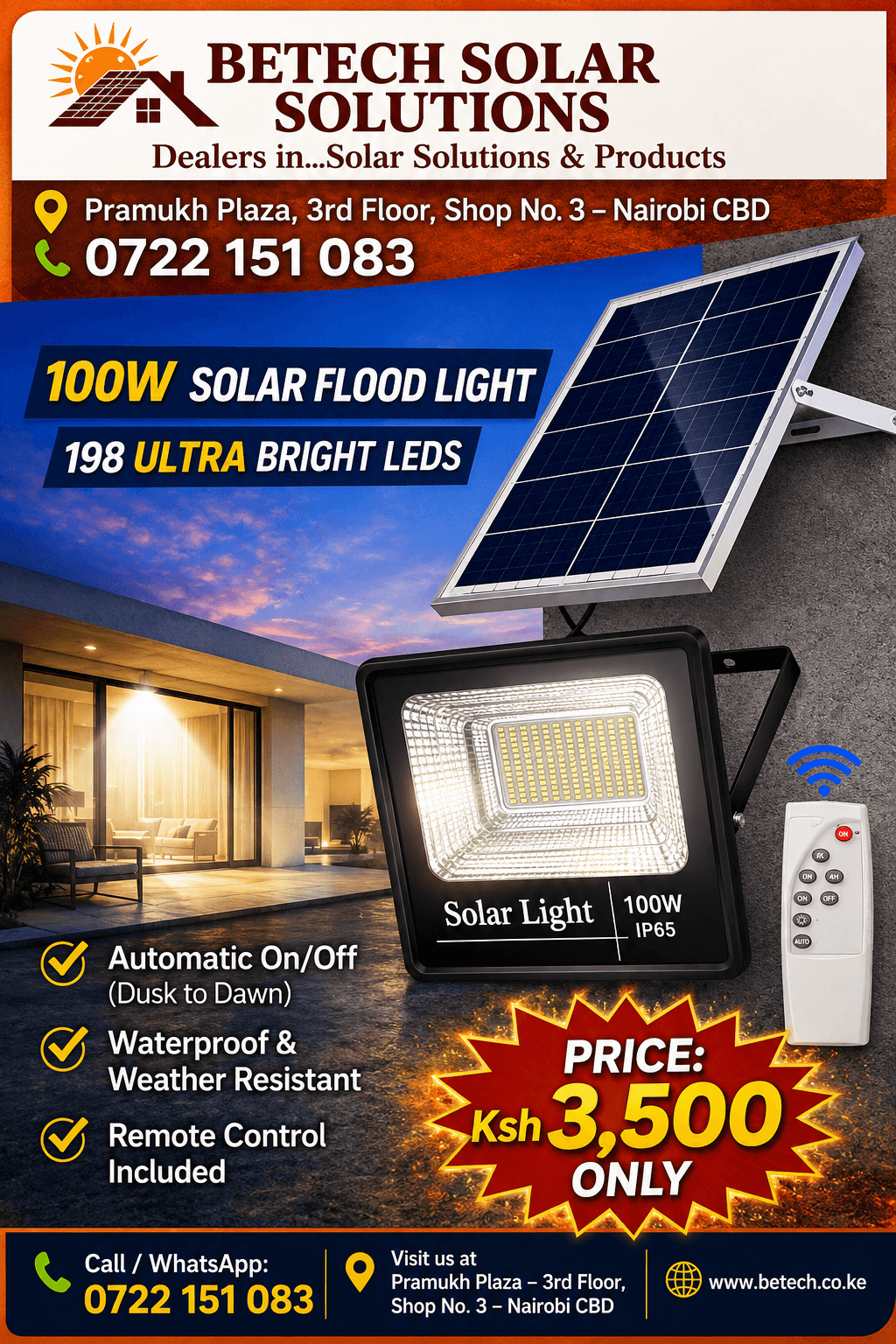 100W Solar Flood Light with 198 Ultra Bright LEDs