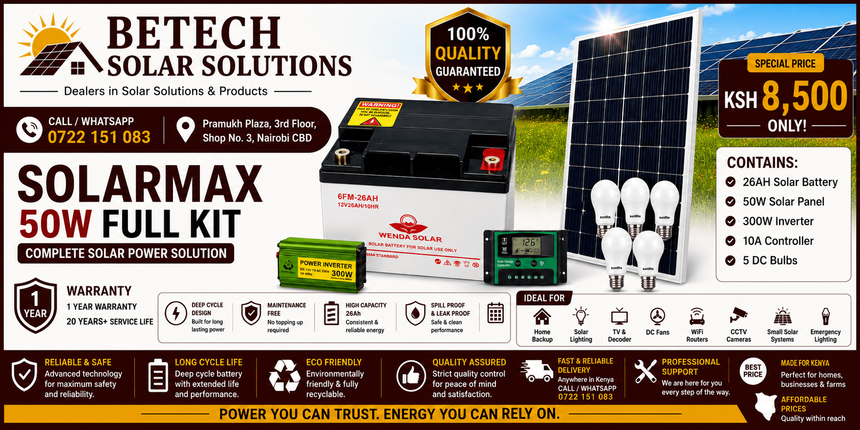 SOLARMAX 50W FULL KIT : Solarmax 50W Solar Panel , Starmax 26AH Solar Battery , 10A Controller , 300W Inverter , 5 DC Bulbs