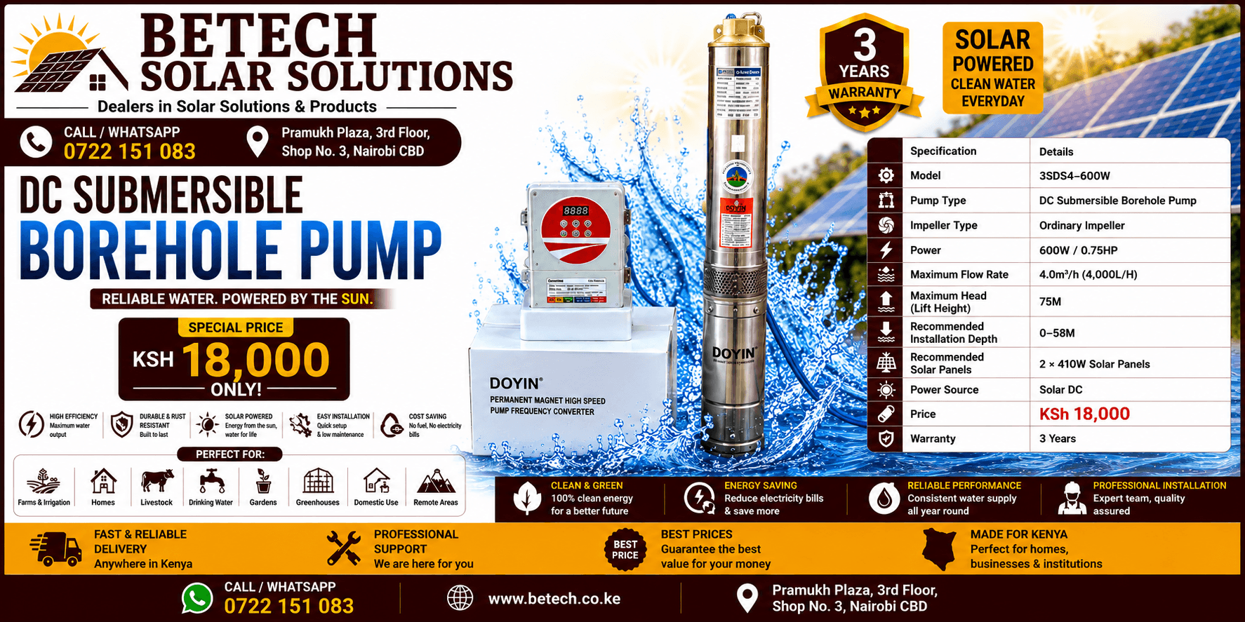 3SDS4-600W Solar DC Submersible Borehole Pump – 4,000L/H, 75M Lift Height, 2×410W Solar Panels, 3-Year Warranty