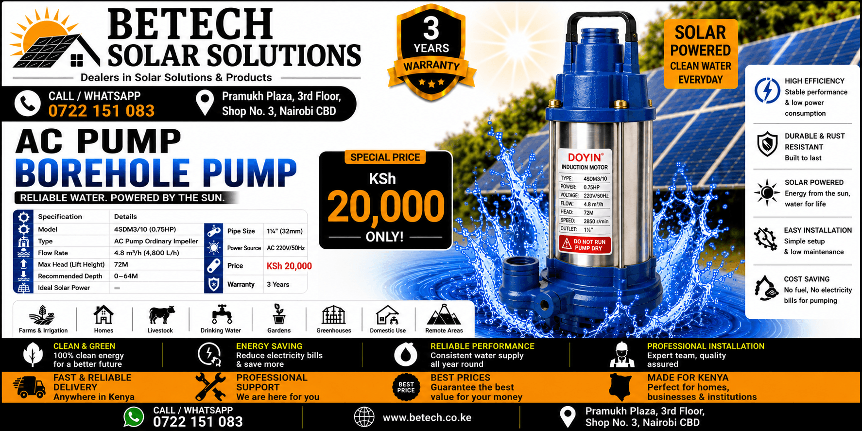 4SDM3/10 (0.75HP) AC Submersible Borehole Pump | 4,800L/H Flow Rate | 72M Lift Height | 1¼" Pipe Size | 3-Year Warranty