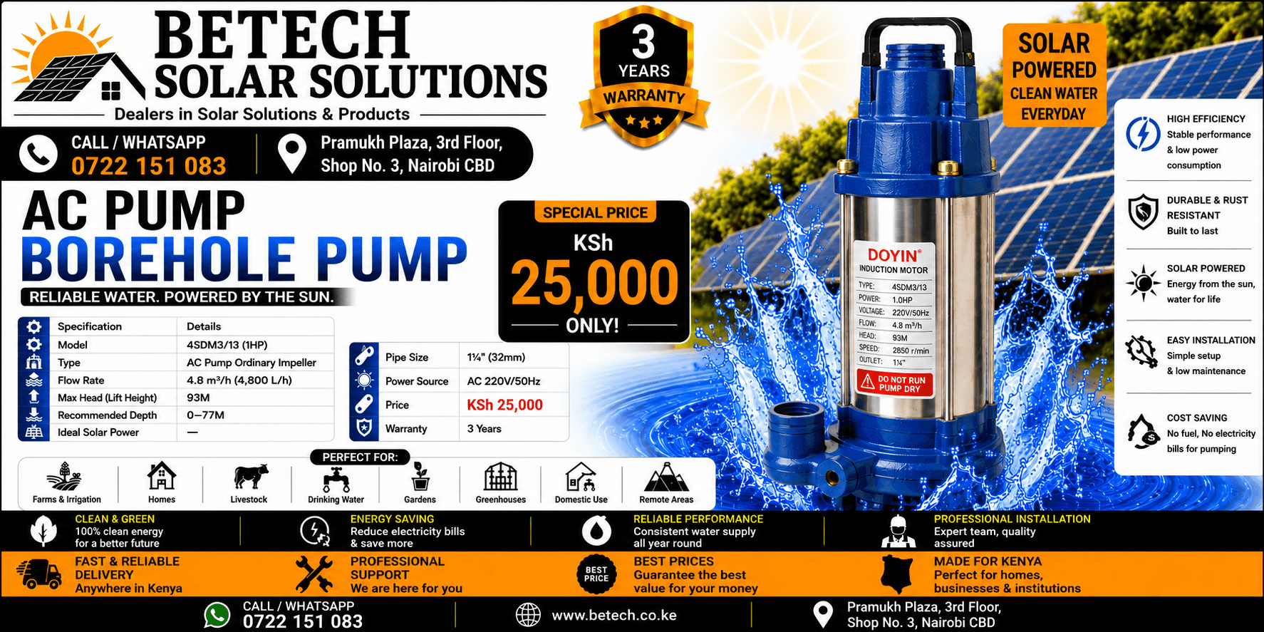 4SDM3/13 (1HP) AC Submersible Borehole Pump | 4,800L/H Flow Rate | 93M Lift Height | 1¼" Pipe Size | 3-Year Warranty