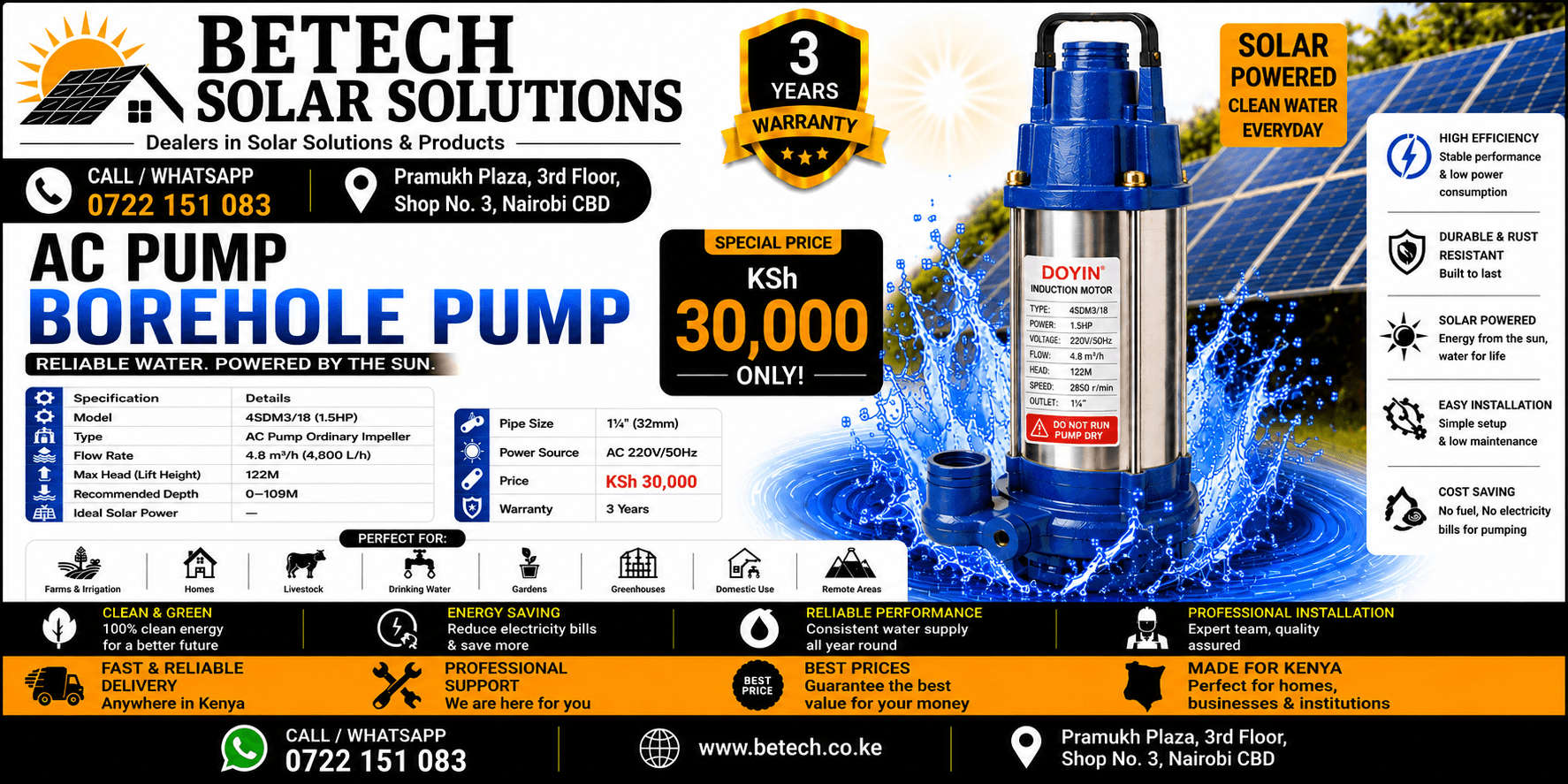 4SDM3/18 AC Submersible Borehole Pump – 4,800L/H, 122M Lift Height, 1.5HP, Ordinary Impeller, 3-Year Warranty