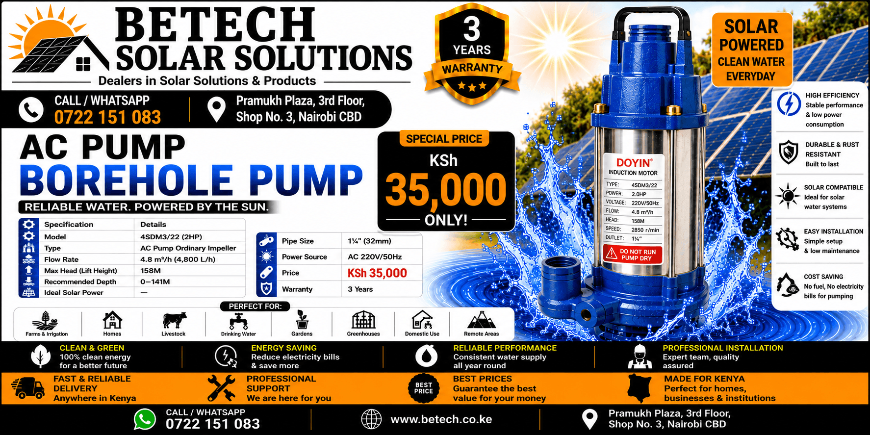 4SDM3/22 (2HP) AC Submersible Borehole Pump | 4,800L/H Flow Rate | 158M Lift Height | 1¼" Pipe Size | 3-Year Warranty
