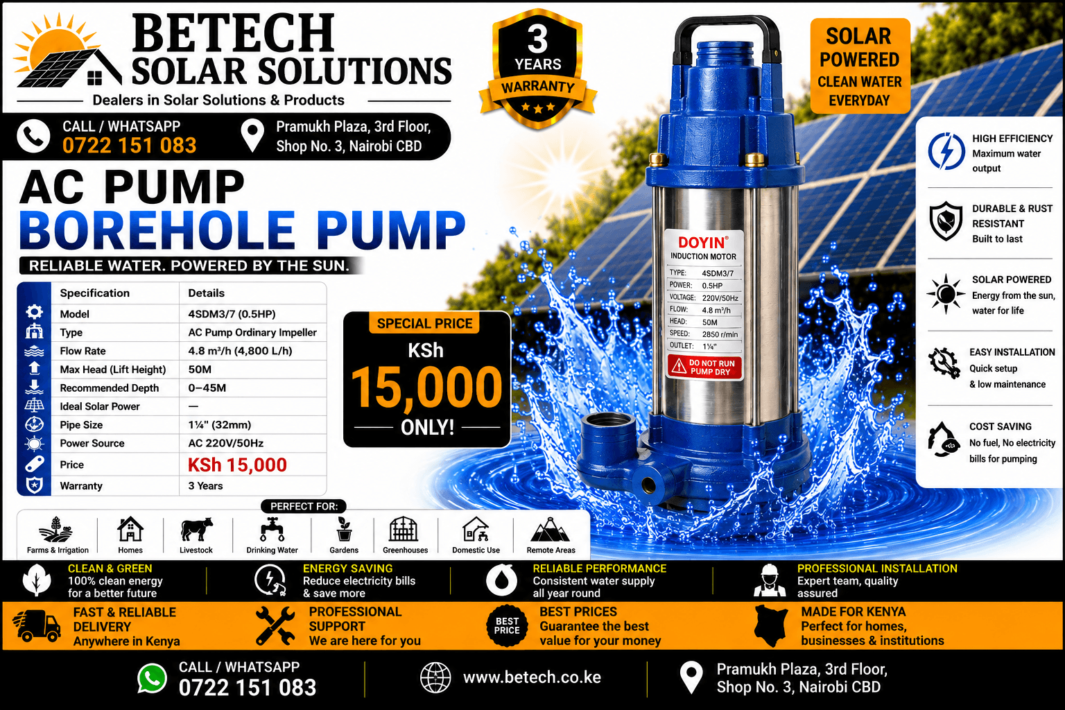 4SDM3/7 (0.5HP) AC Submersible Borehole Pump | 4,800L/H Flow Rate | 50M Lift Height | 1¼" Pipe Size | 3-Year Warranty