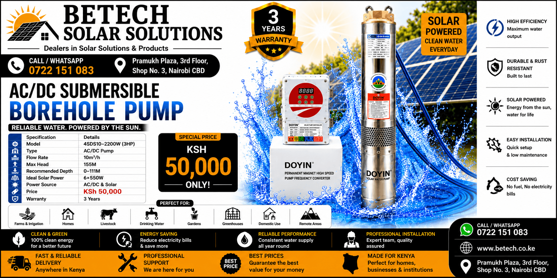 4SDS10-2200W AD (3HP) AC/DC Hybrid Submersible Borehole Pump | 10,000L/H Flow Rate | 155M Lift Height | 6×550W Recommended Solar Panels | 2" Pipe Size| 3-Year Warranty