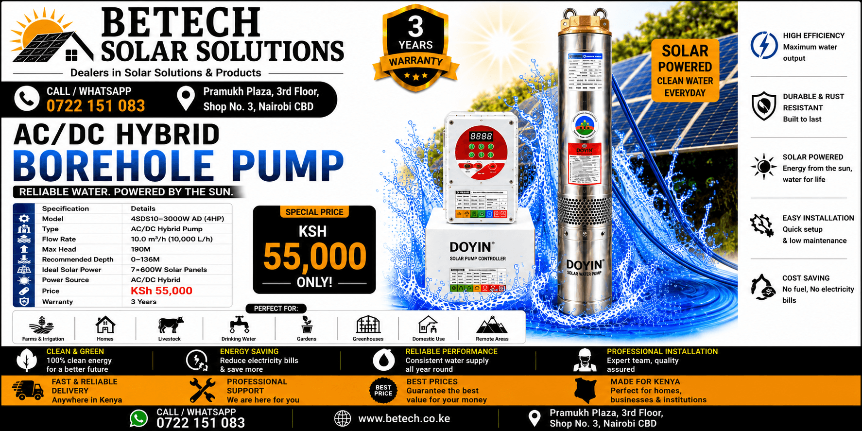 4SDS10-3000W AD (4HP) AC/DC Hybrid Submersible Borehole Pump | 10,000L/H Flow Rate | 190M Lift Height | 7×600W Recommended Solar Panels | 2" Pipe Size | 3-Year Warranty