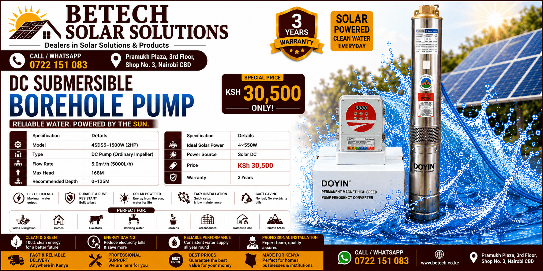 4SDS5-1500W Solar DC Submersible Borehole Pump – 5,000L/H, 168M Lift Height, 4×550W Solar Panels, 2HP