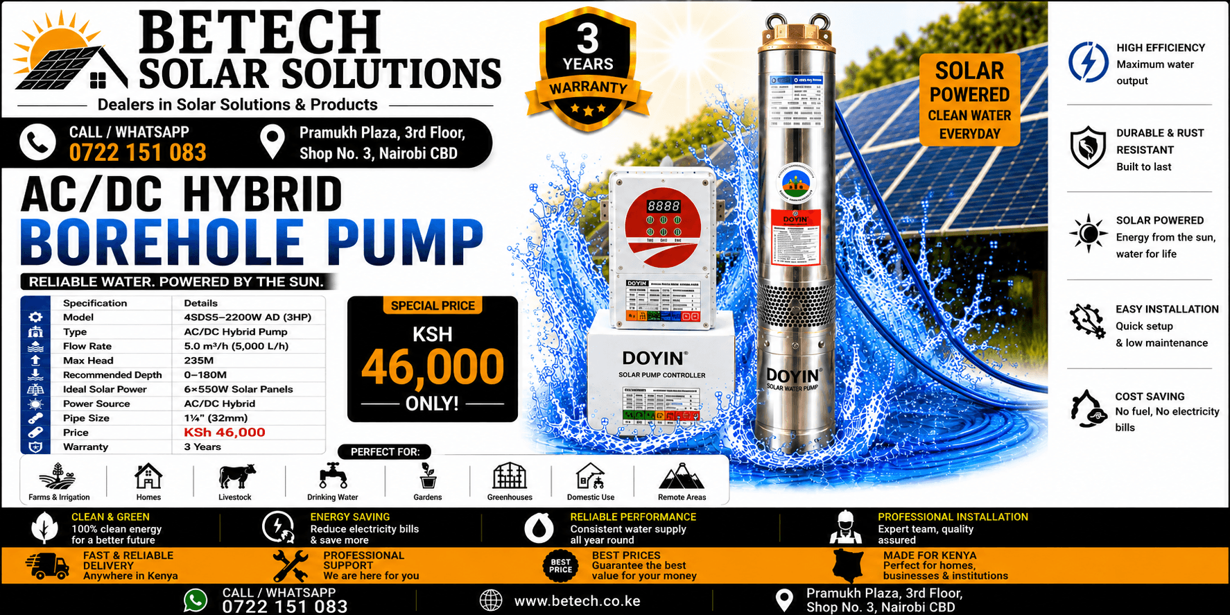 4SDS5-2200W AD (3HP) AC/DC Hybrid Submersible Borehole Pump | 5,000L/H Flow Rate | 235M Lift Height | 6×550W Recommended Solar Panels | 1¼" Pipe Size| 3-Year Warranty