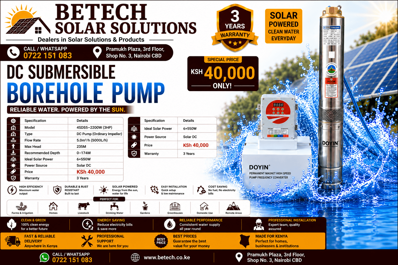 4SDS5-2200W Solar DC Submersible Borehole Pump – 5,000L/H, 235M Lift Height, 6×550W Solar Panels, 3HP,