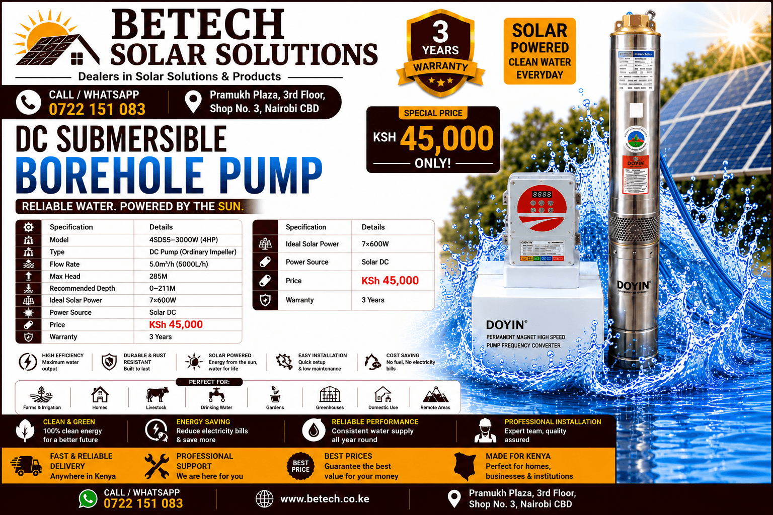 4SDS5-3000W Solar DC Submersible Borehole Pump – 5,000L/H, 285M Lift Height, 7×600W Solar Panels, 4HP,