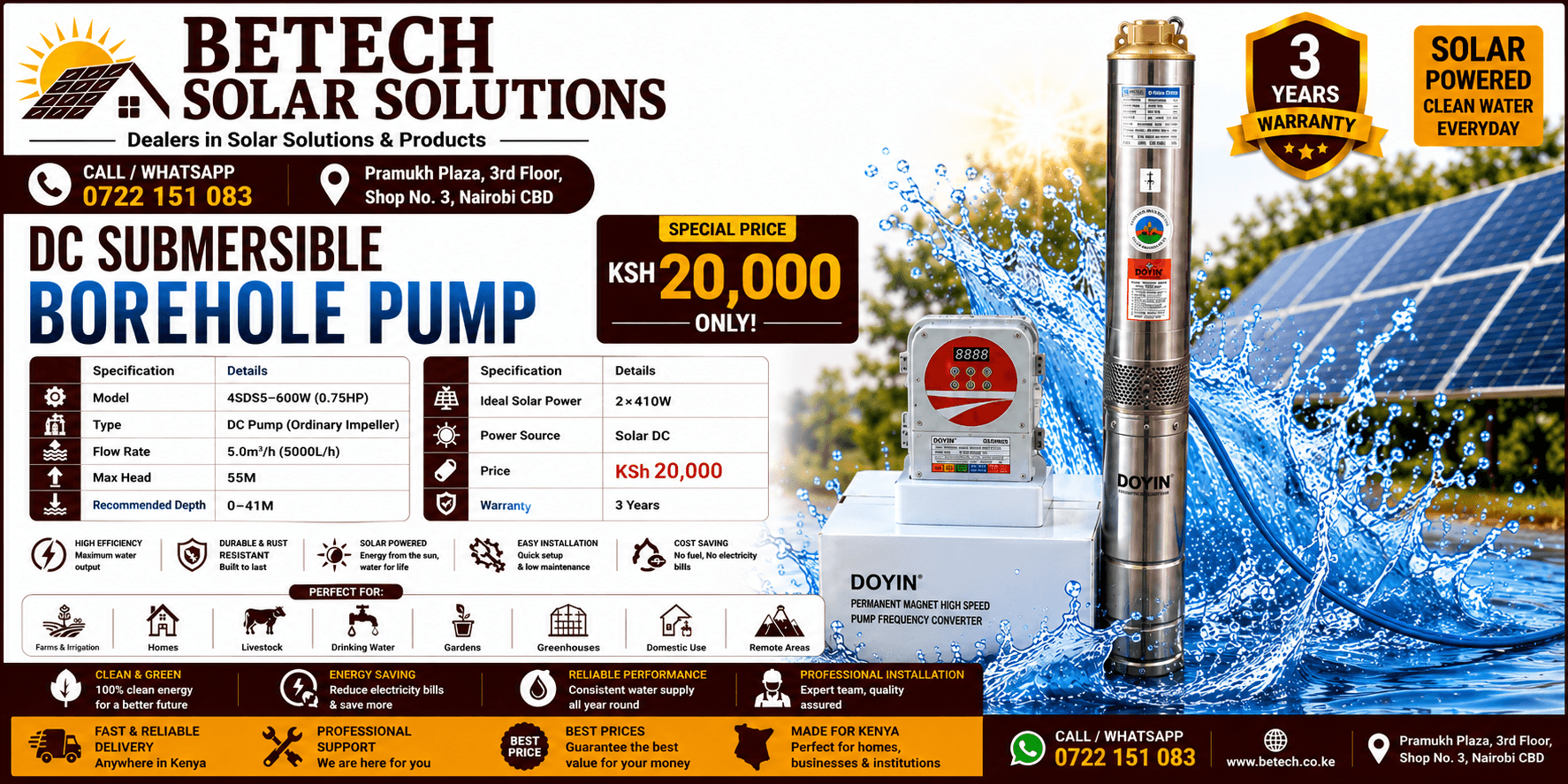 4SDS5-600W Solar DC Submersible Borehole Pump – 5,000L/H, 55M Lift Height, 2×410W Solar Panels, High-Flow Water Pump