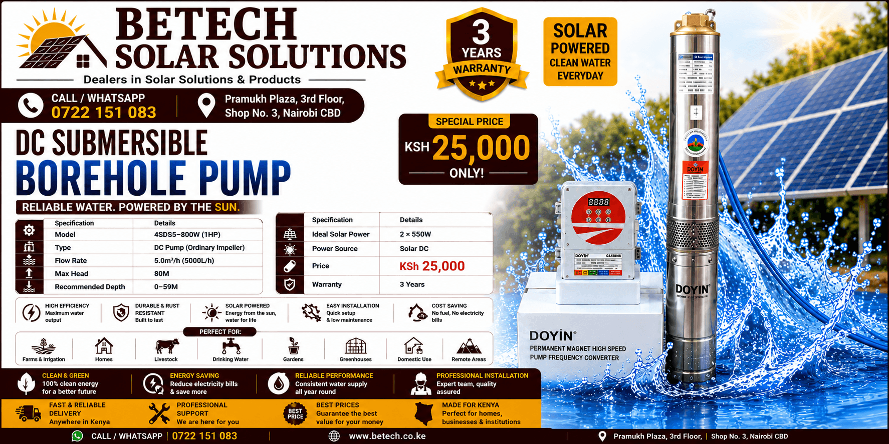 4SDS5-800W Solar DC Submersible Borehole Pump – 5,000L/H, 80M Lift Height, 2×550W Solar Panels, 1HP,
