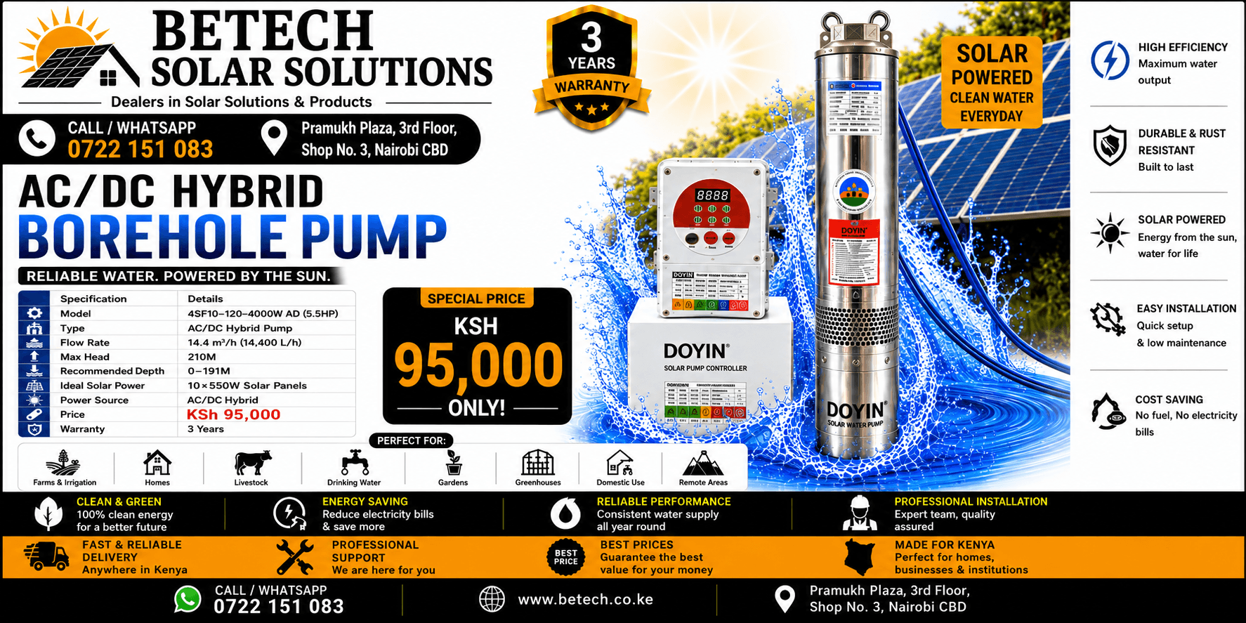 4SF10-120-4000W AD (5.5HP) AC/DC Hybrid Submersible Borehole Pump | 14,400L/H Flow Rate | 210M Lift Height | 10×550W Recommended Solar Panels | 2½" Pipe Size | 3-Year Warranty