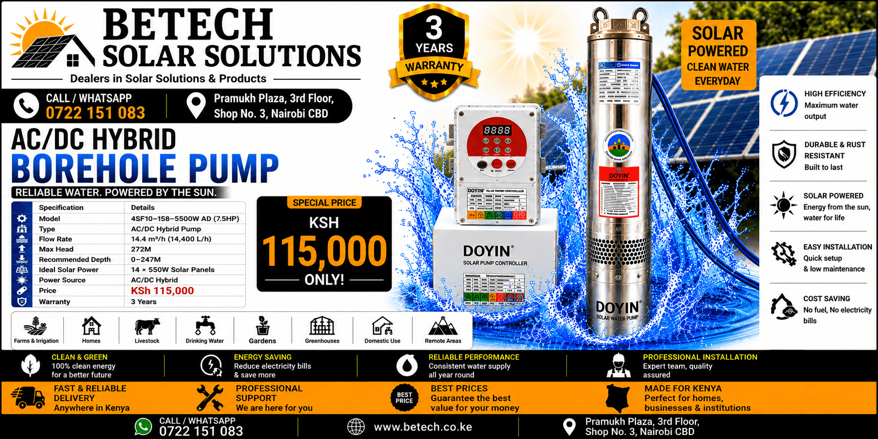 4SF10-158-5500W AD (7.5HP) AC/DC Hybrid Submersible Borehole Pump | 14,400L/H Flow Rate | 272M Lift Height | 14×550W Recommended Solar Panels | 2½" Pipe Size | 3-Year Warranty