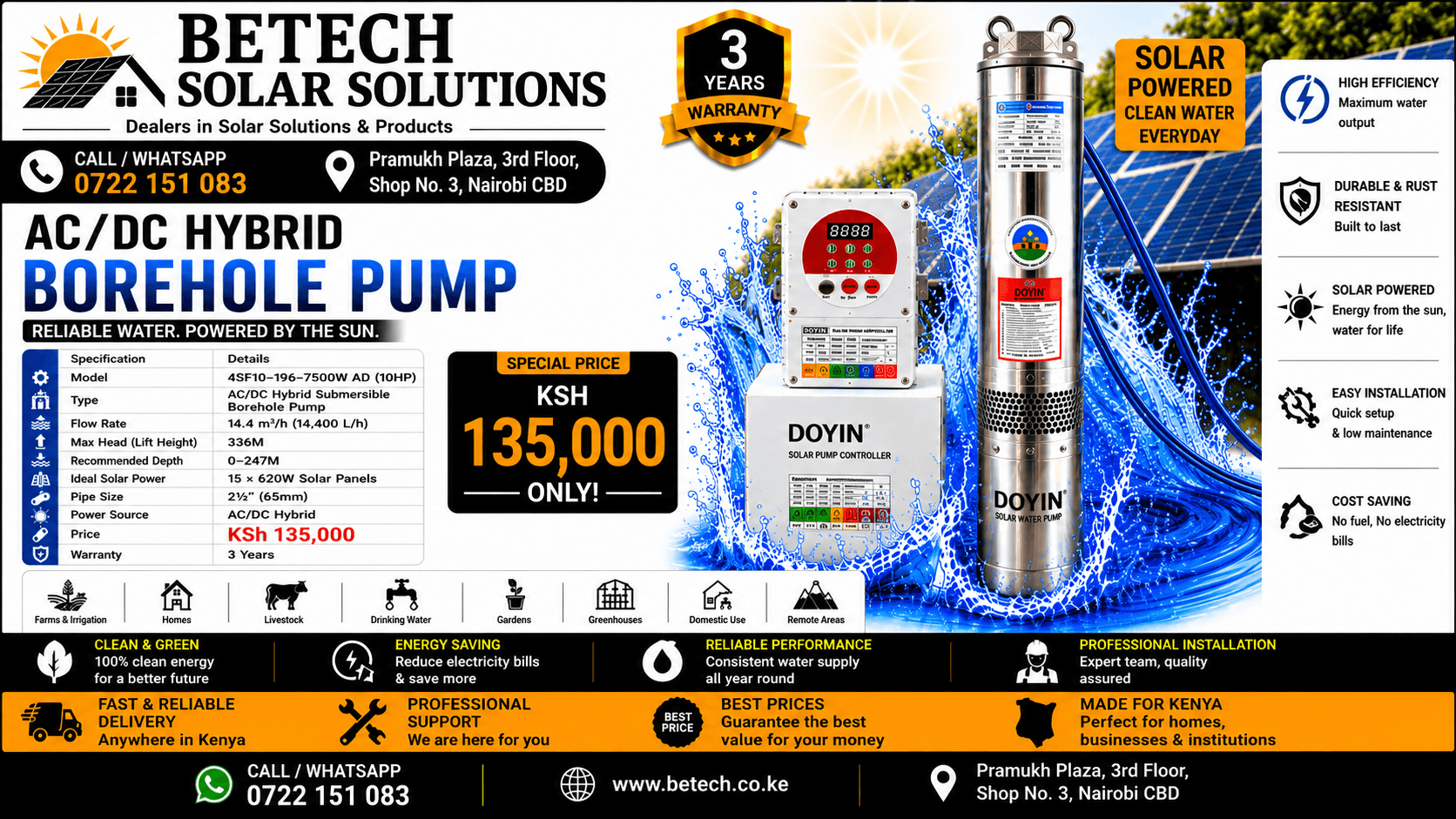 4SF10-196-7500W AD (10HP) AC/DC Hybrid Submersible Borehole Pump | 14,400L/H Flow Rate | 336M Lift Height | 15×620W Recommended Solar Panels | 2½" Pipe Size | 3-Year Warranty
