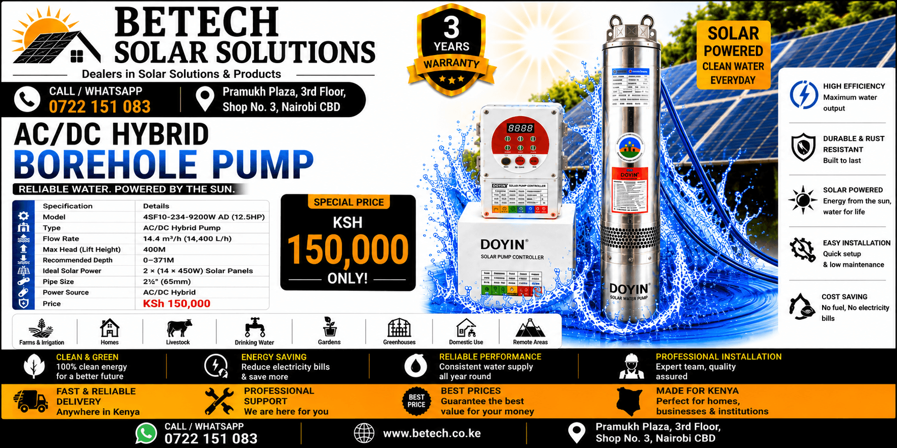 4SF10-234-9200W AD (12.5HP) AC/DC Hybrid Submersible Borehole Pump | 14,400L/H Flow Rate | 400M Lift Height | 2×(14×450W) Recommended Solar Panels | 2½" Pipe Size | 3-Year Warranty