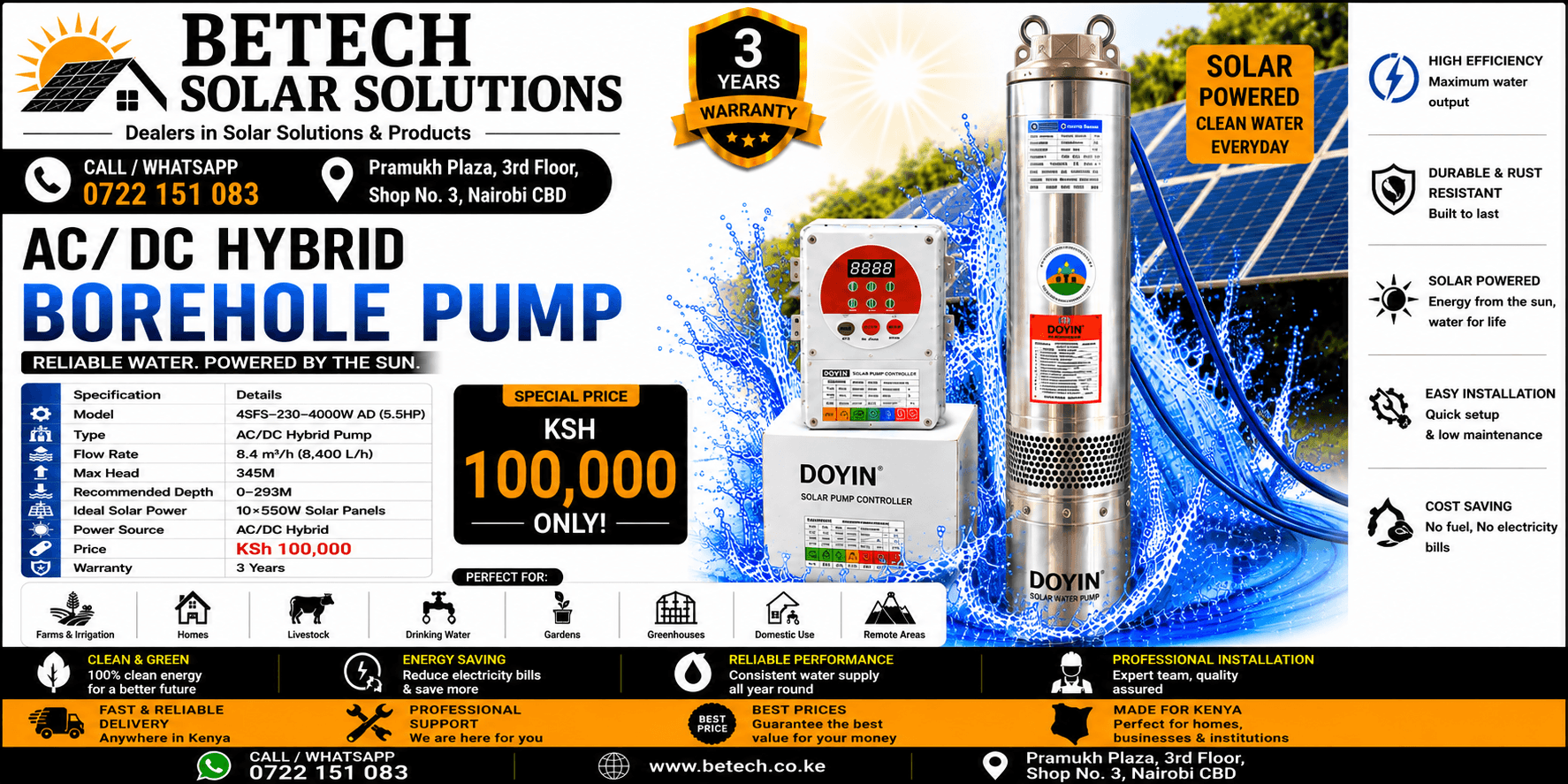 4SF5-230-4000W AD (5.5HP) AC/DC Hybrid Submersible Borehole Pump | 8,400L/H Flow Rate | 345M Lift Height | 10×550W Recommended Solar Panels | 2" Pipe Size | 3-Year Warranty