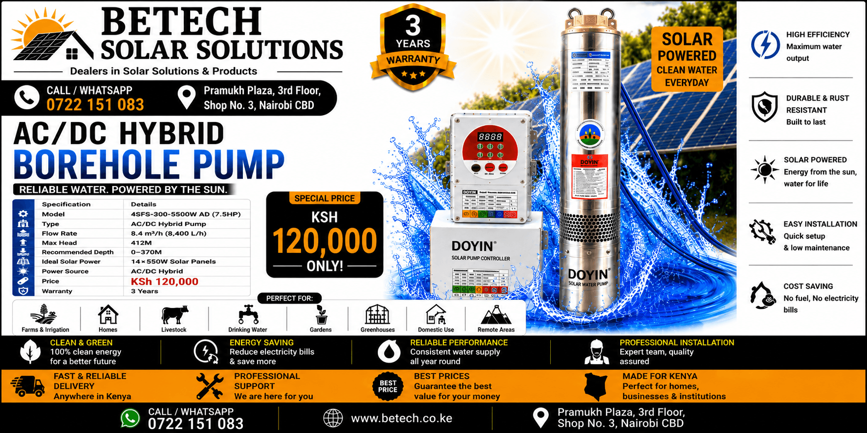 4SF5-300-5500W AD (7.5HP) AC/DC Hybrid Submersible Borehole Pump | 8,400L/H Flow Rate | 412M Lift Height | 14×550W Recommended Solar Panels | 2" Pipe Size | 3-Year Warranty