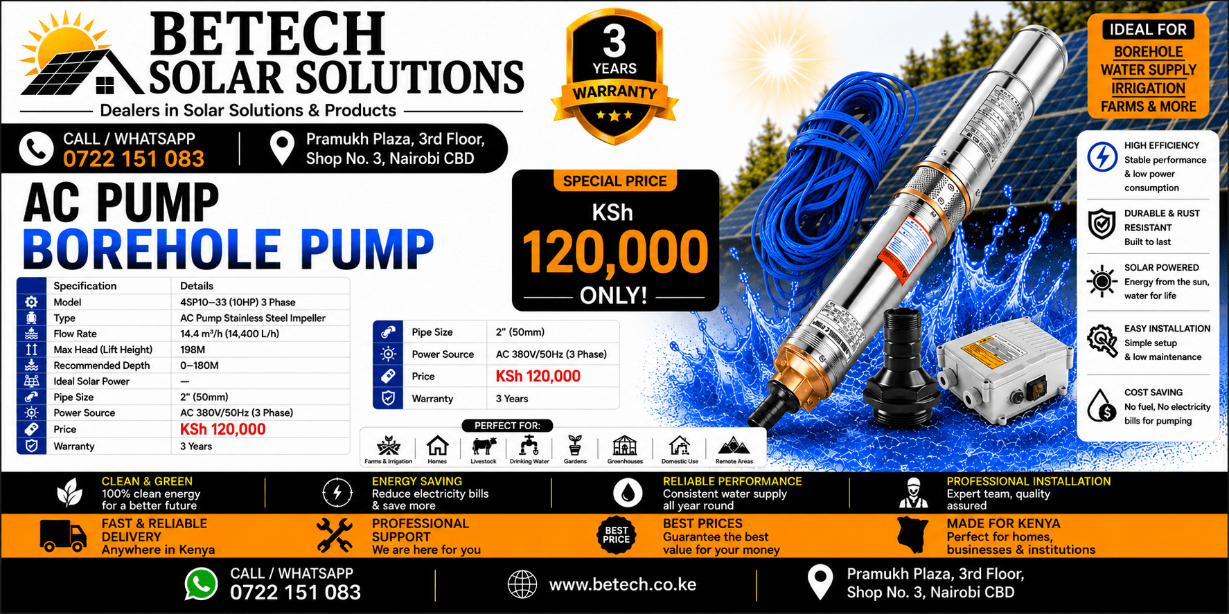 4SP10-33 (10HP) 3 Phase AC Submersible Borehole Pump | Stainless Steel Impeller | 14,400L/H Flow Rate | 198M Lift Height | 2½" (65mm) Pipe Size | 3-Year Warranty