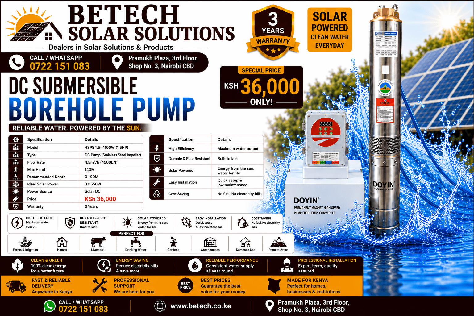 4SPS4.5-1100W Solar DC Submersible Borehole Pump – 4,500L/H, 140M Lift Height, 3×550W Solar Panels, Stainless Steel Impeller, 1.5HP,