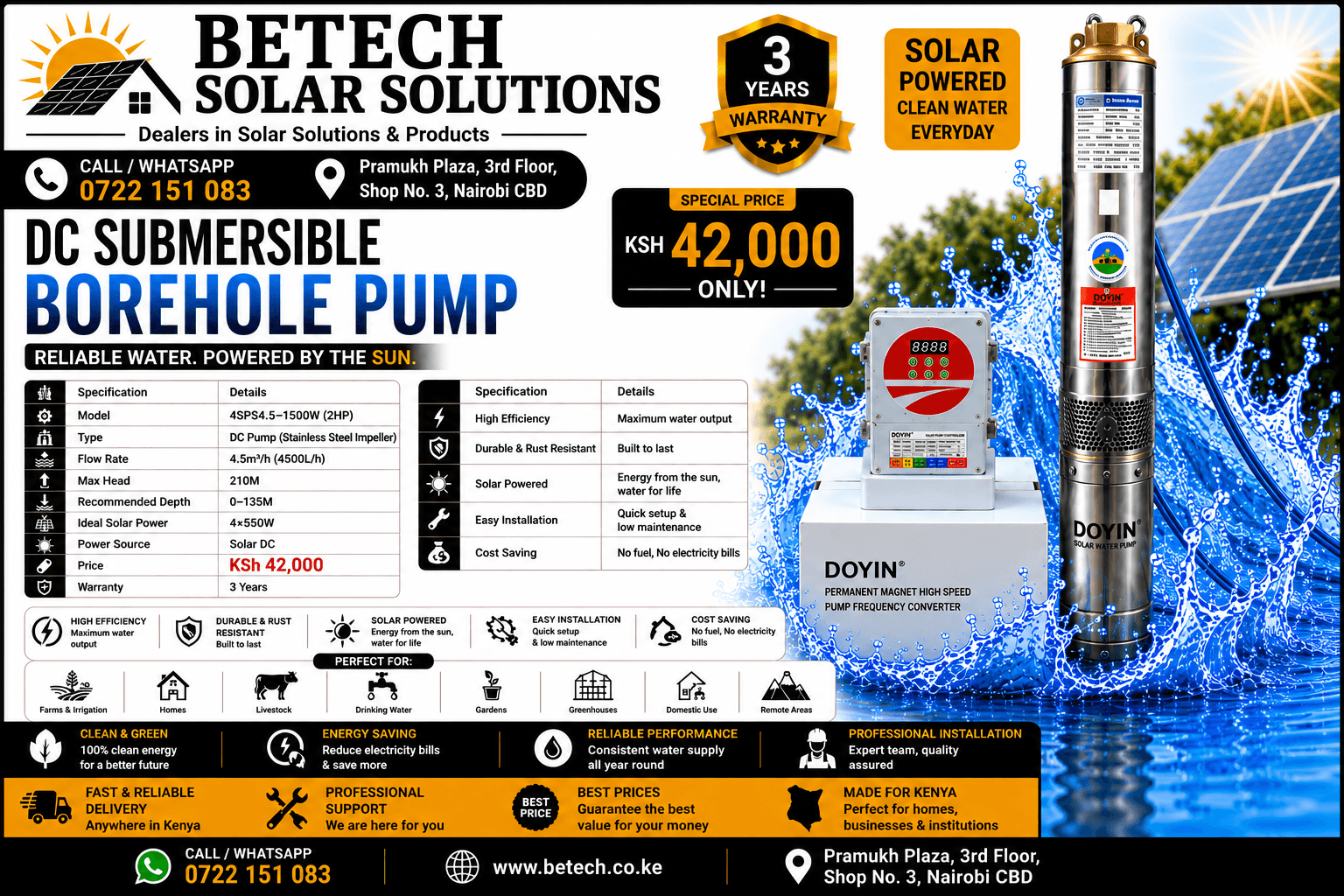 4SPS4.5-1500W Solar DC Submersible Borehole Pump – 4,500L/H, 210M Lift Height, 4×550W Solar Panels, Stainless Steel Impeller, 2HP,