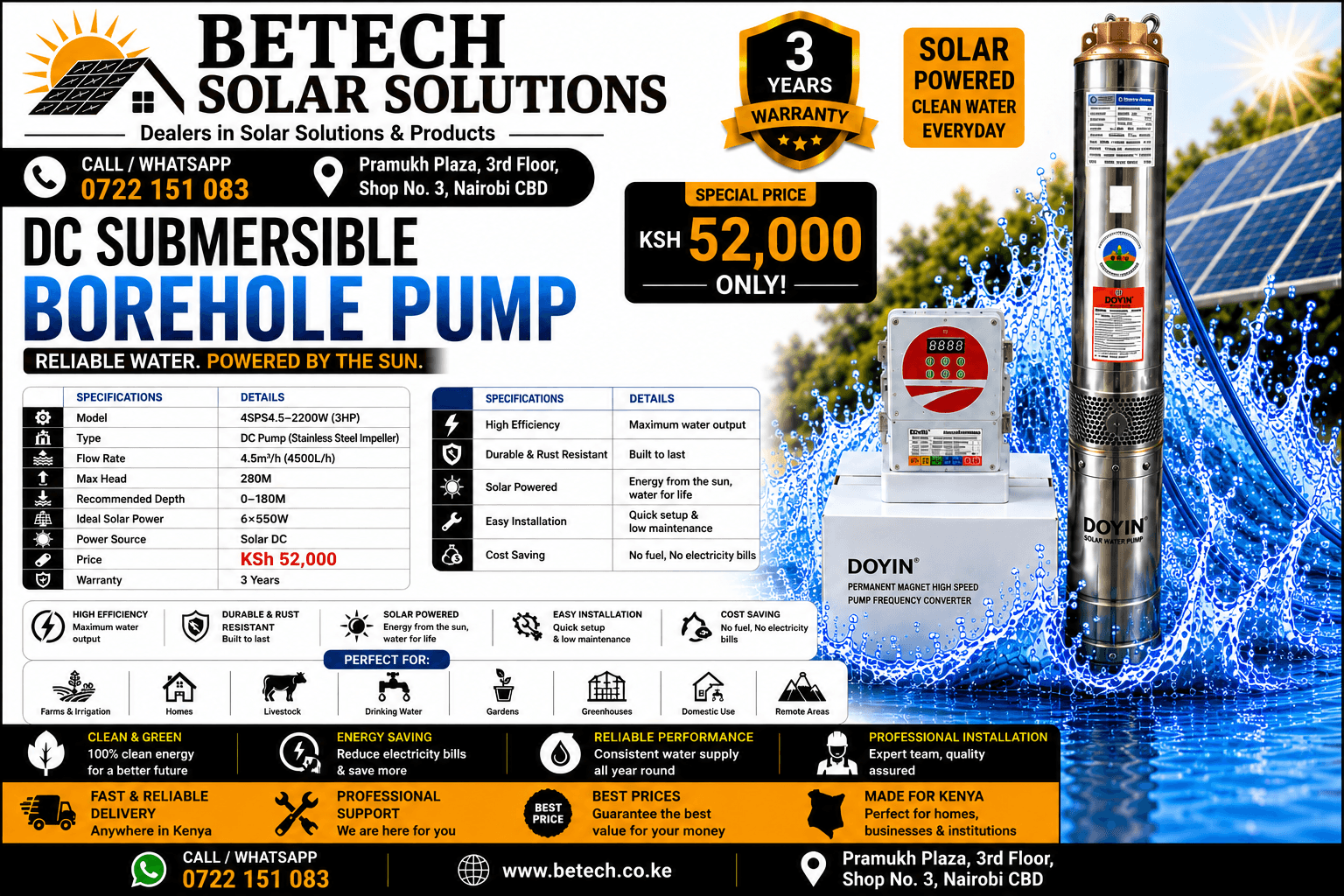 4SPS4.5-2200W Solar DC Submersible Borehole Pump – 4,500L/H, 280M Lift Height, 6×550W Solar Panels, Stainless Steel Impeller, 3HP,