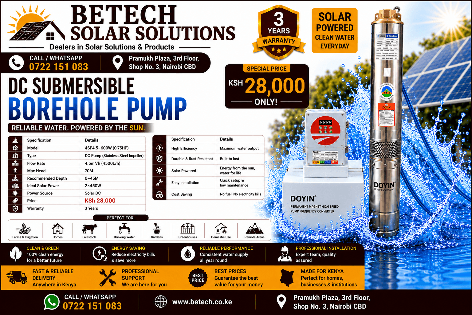 4SPS4.5-600W Solar DC Submersible Borehole Pump – 4,500L/H, 70M Lift Height, 2×450W Solar Panels, Stainless Steel Impeller, 0.75HP,