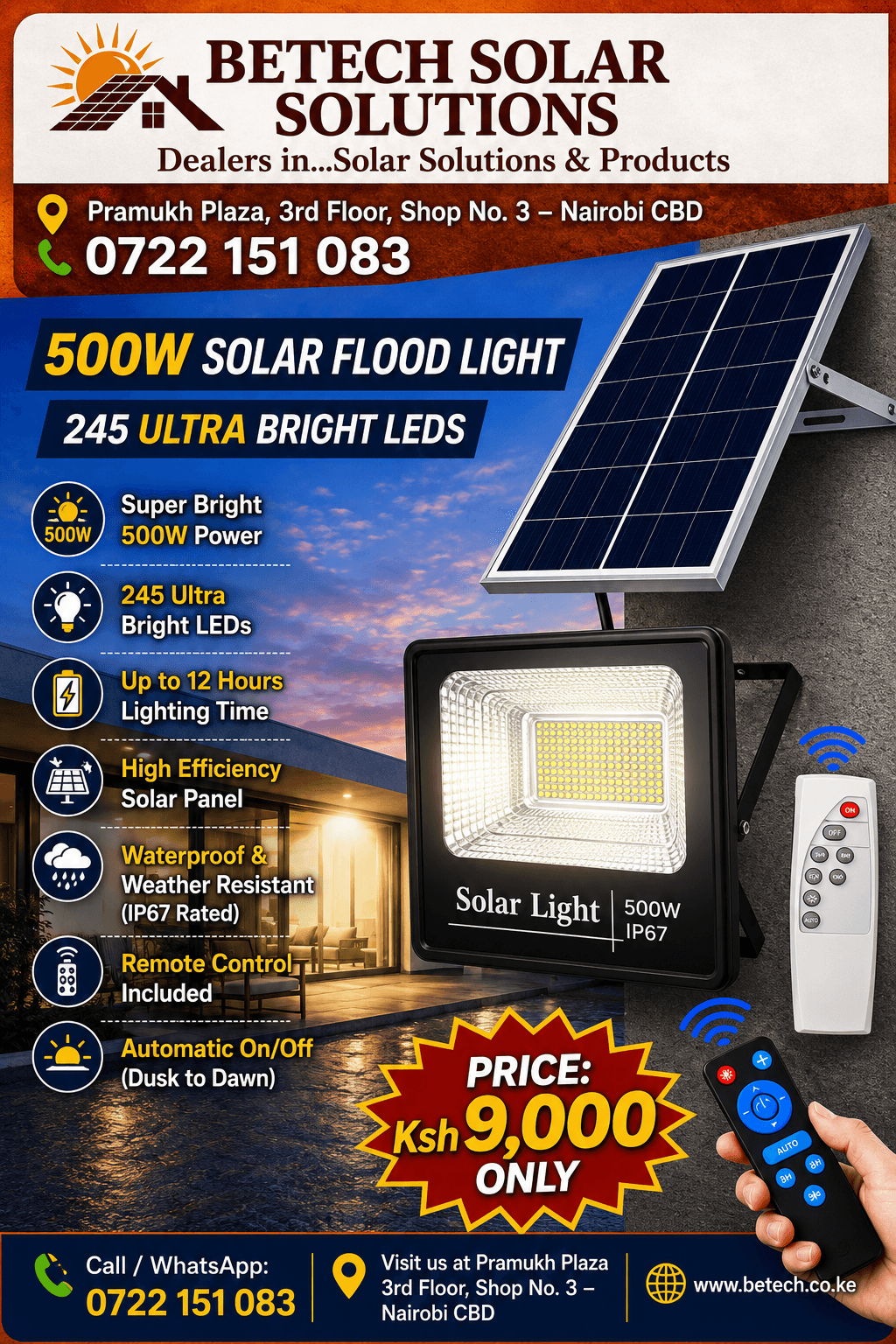 500W Solar Flood Light with 245 Ultra Bright LEDs