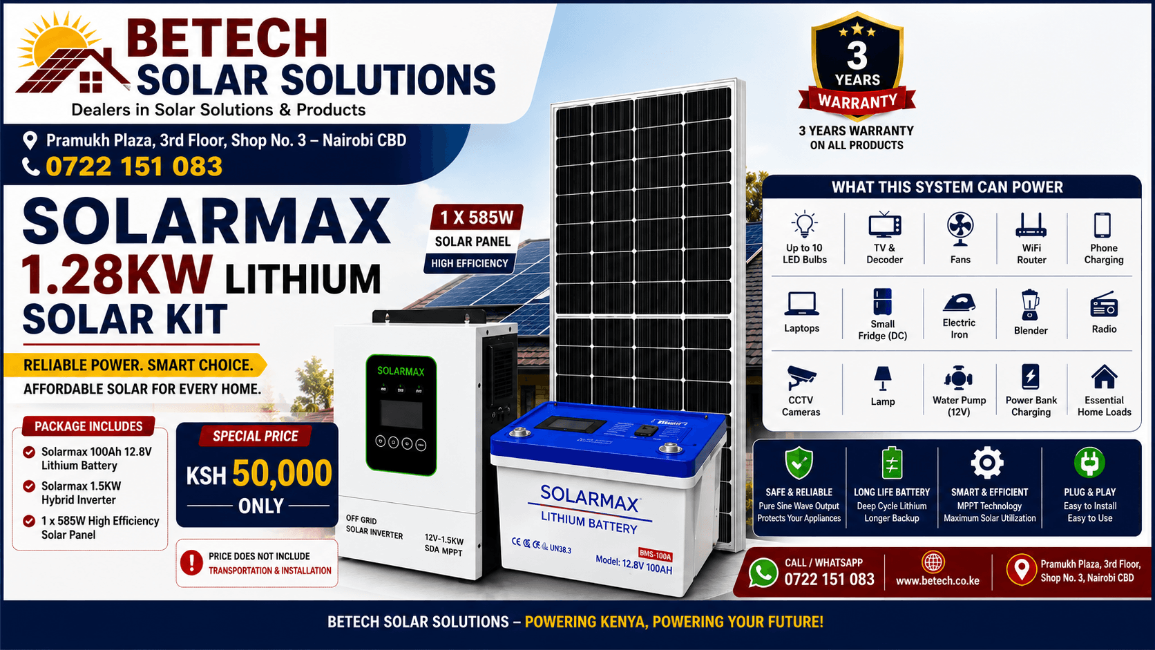 Solarmax 1.28KW Lithium Solar Kit – 100Ah Lithium Battery + 1.5KW Hybrid Inverter + 585W Solar Panel