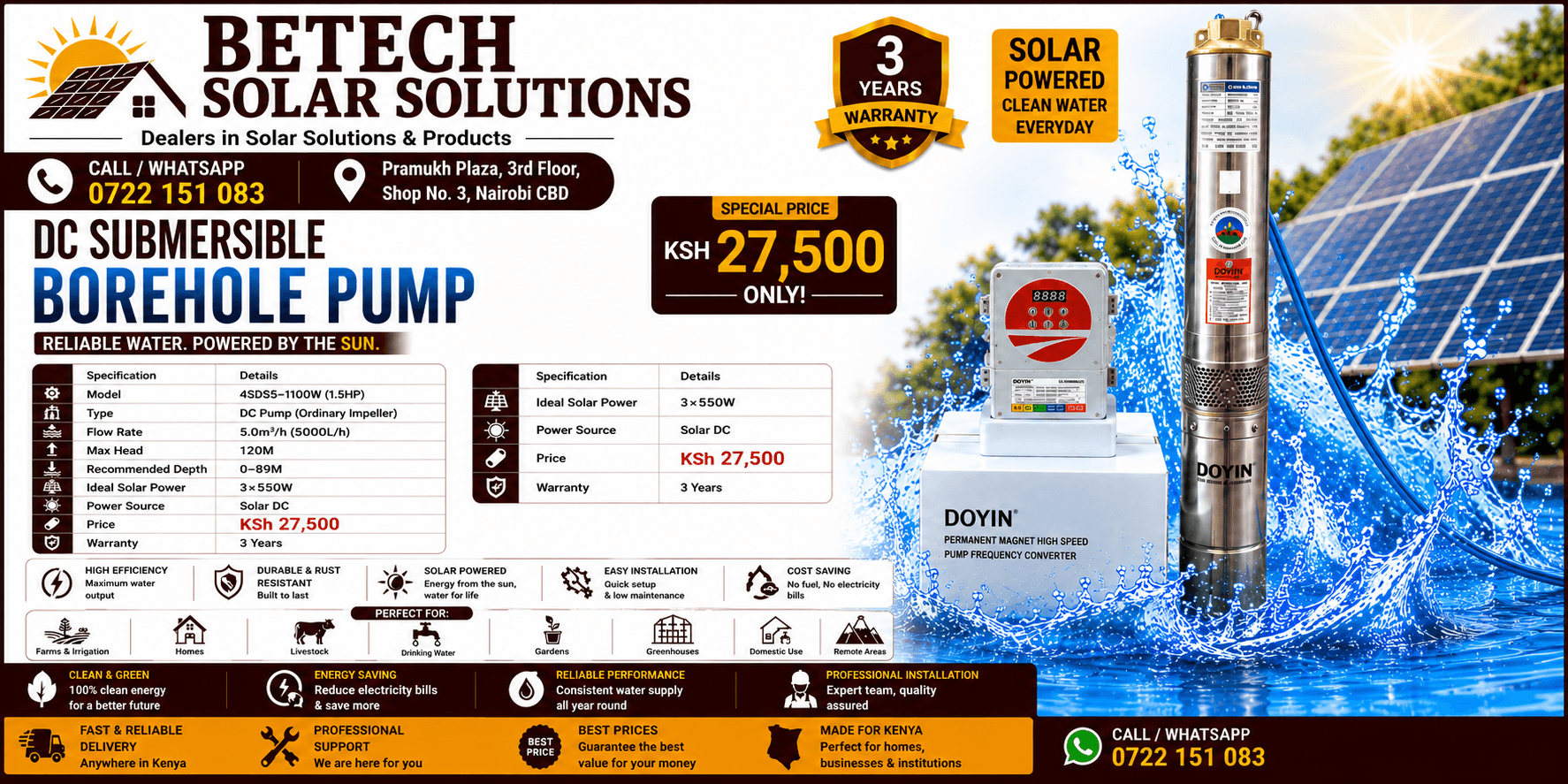 4SDS5-1100W Solar DC Submersible Borehole Pump – 5,000L/H, 120M Lift Height, 3×550W Solar Panels, 1.5HP