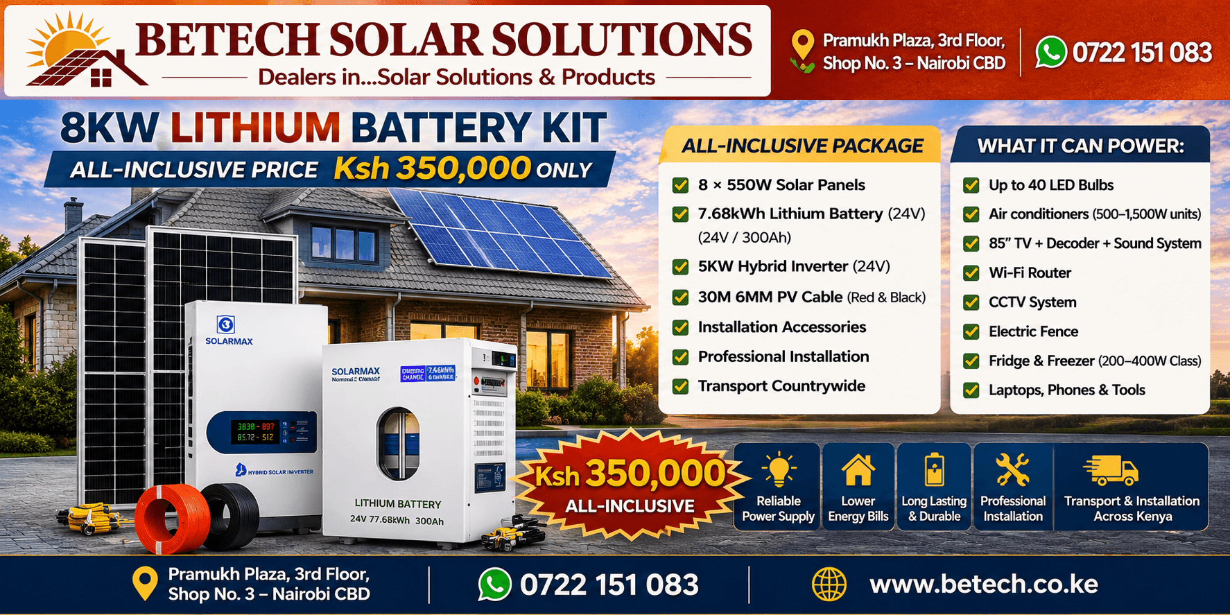 8KW Lithium Battery Kit All inclusive of 8 Solar Panels , 7.68KW Lithium battery , 5KW Hybrid Inverter , All accessories , Transportation