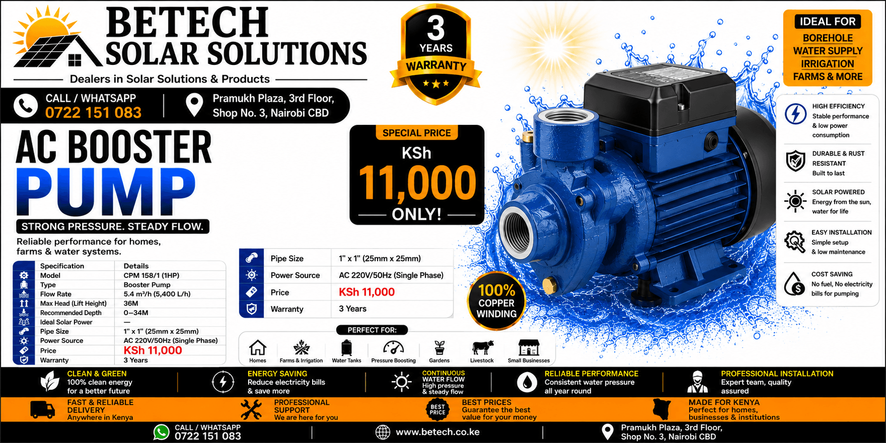 CPM 158/1 (1HP) Booster Water Pump | 5,400L/H Flow Rate | 36M Lift Height | 1½" Pipe Size | Domestic & Commercial Pressure Pump | 3-Year Warranty