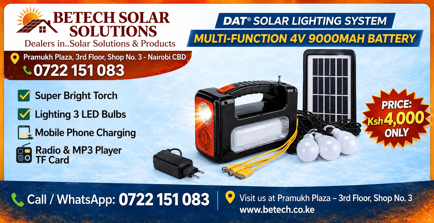 DAT Solar Lighting System Multi-Function 4V 9000mAh Battery