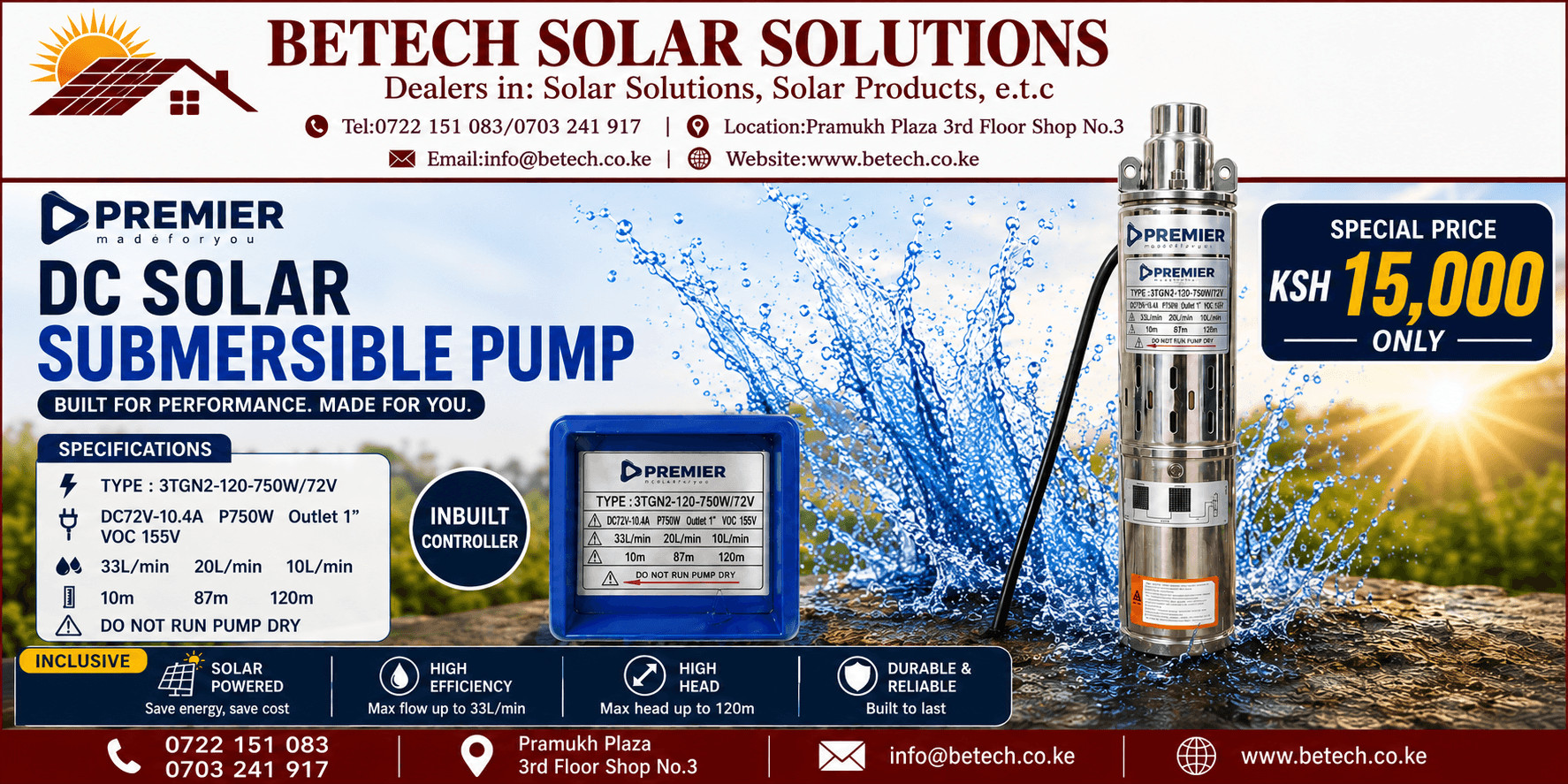 DC Solar Submersible Pump 3TGN2-120-750W/72V