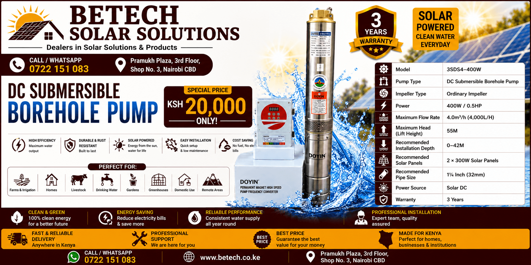 3SDS4-400W Solar DC Submersible Borehole Pump β 4,000L/H, 55M Lift Height, 2Γ300W Solar Panels, 1ΒΌ" Pipe Size, 3-Year Warranty