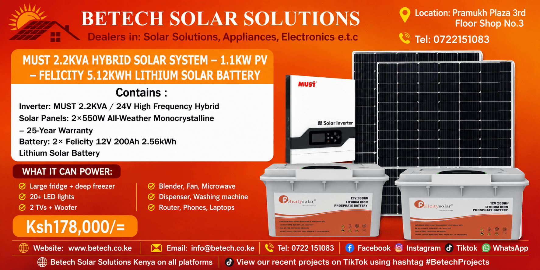 MUST 2.2KVA Hybrid Solar System – 1.1KW PV + Felicity 5.12KWH Lithium Solar Battery