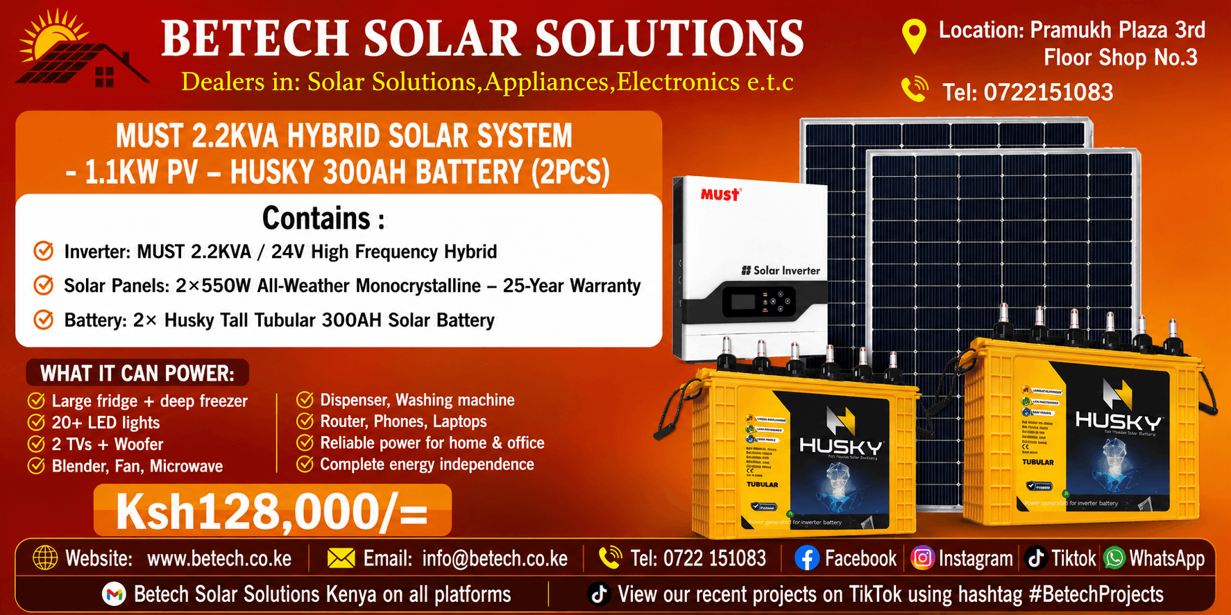 MUST 2.2KVA Hybrid Solar System - 1.1KW PV - Husky 300AH Battery (2PCS)