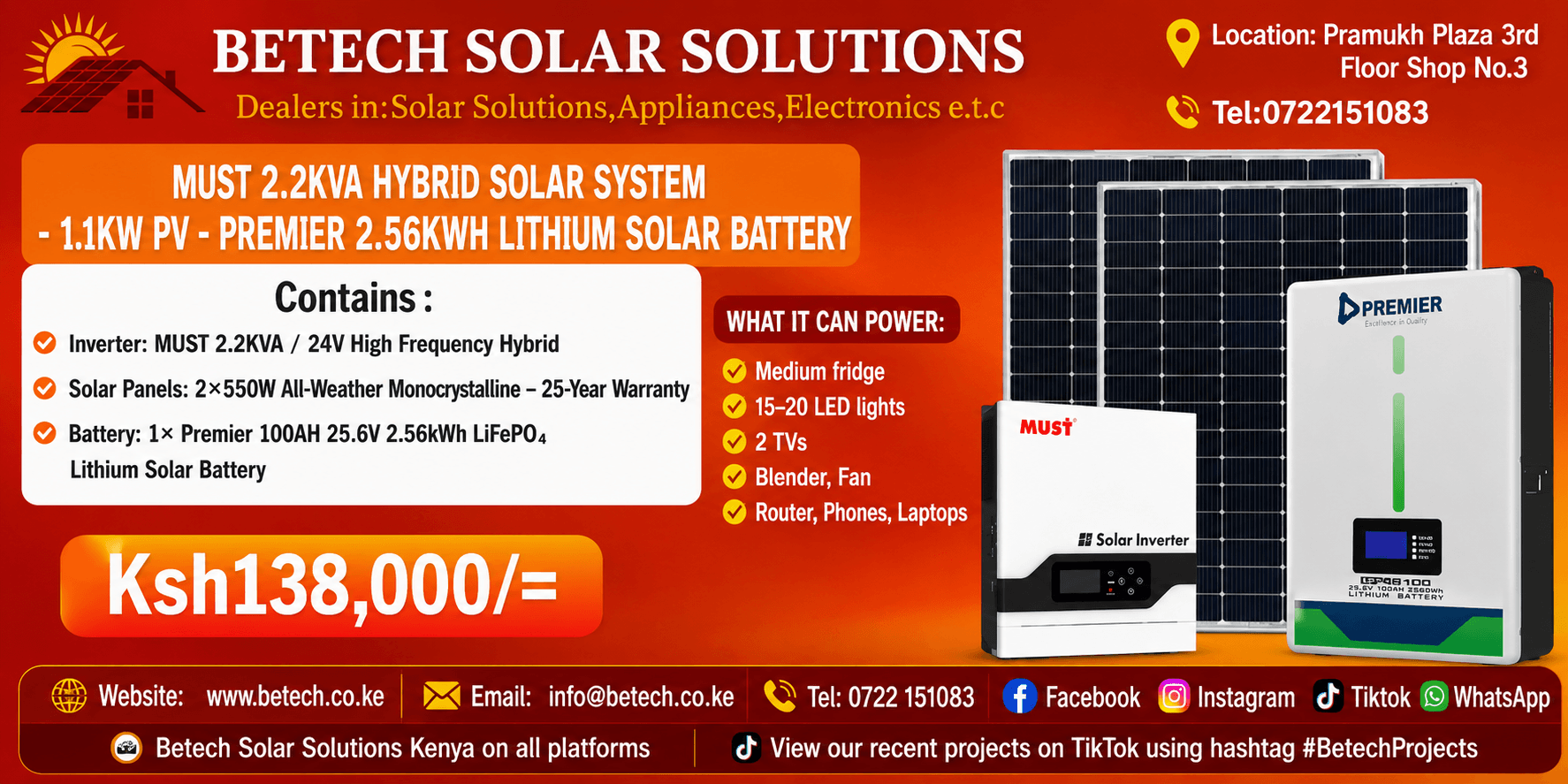 MUST 2.2KVA Hybrid Solar System - 1.1KW PV - Premier 2.56kWh Lithium Solar Battery