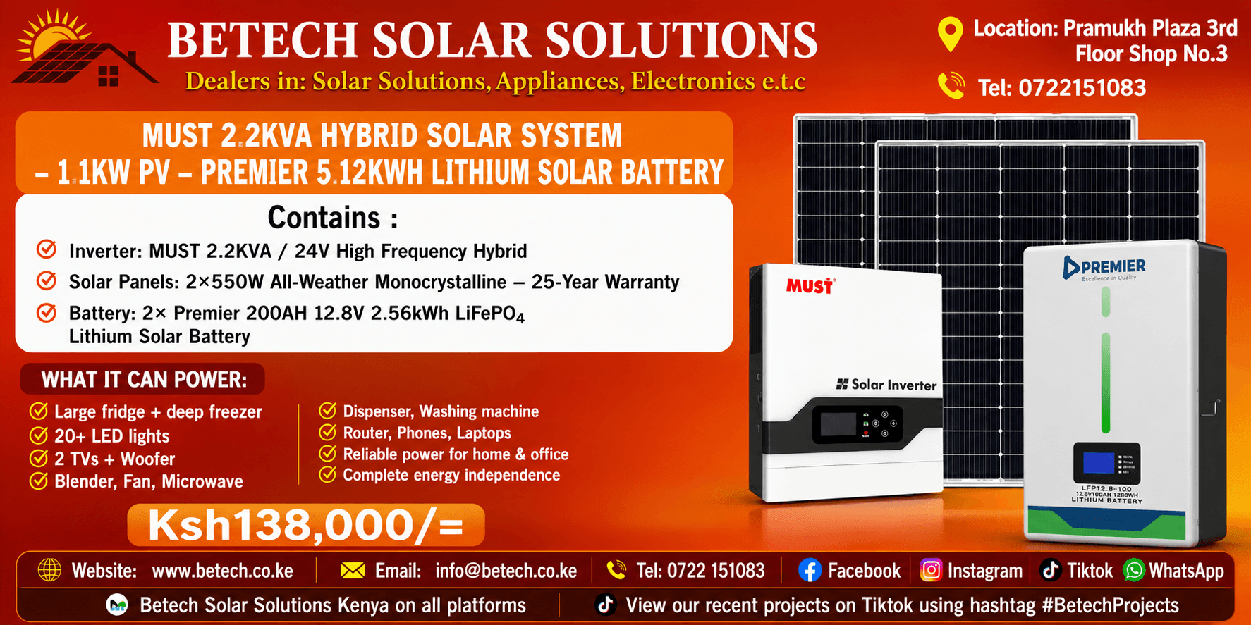 MUST 2.2KVA Hybrid Solar System - 1.1KW PV - Premier 5.12KWH Lithium Solar Battery