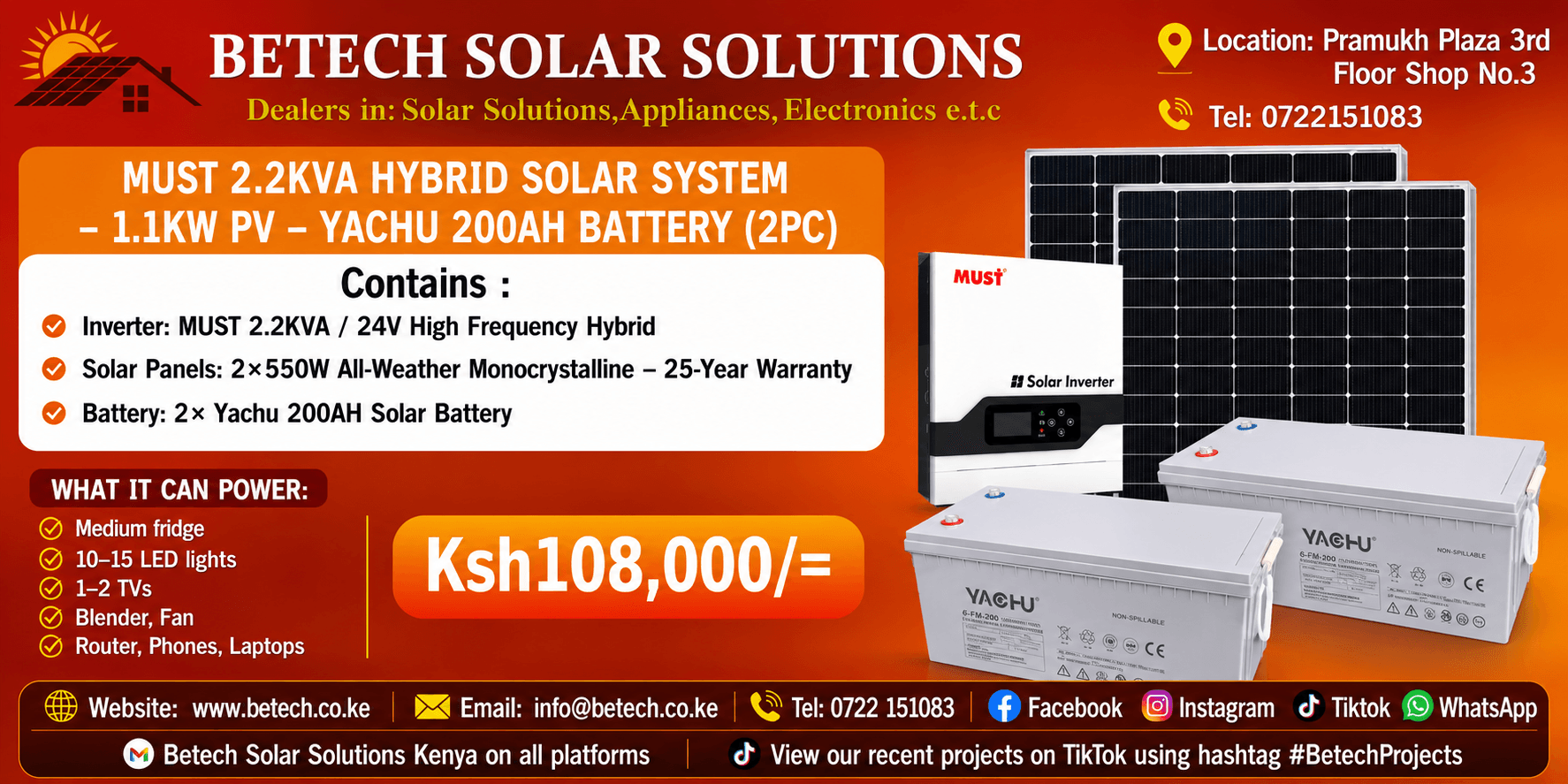 MUST 2.2KVA Hybrid Solar System - 1.1KW PV - Yachu 200AH Battery (2PC)