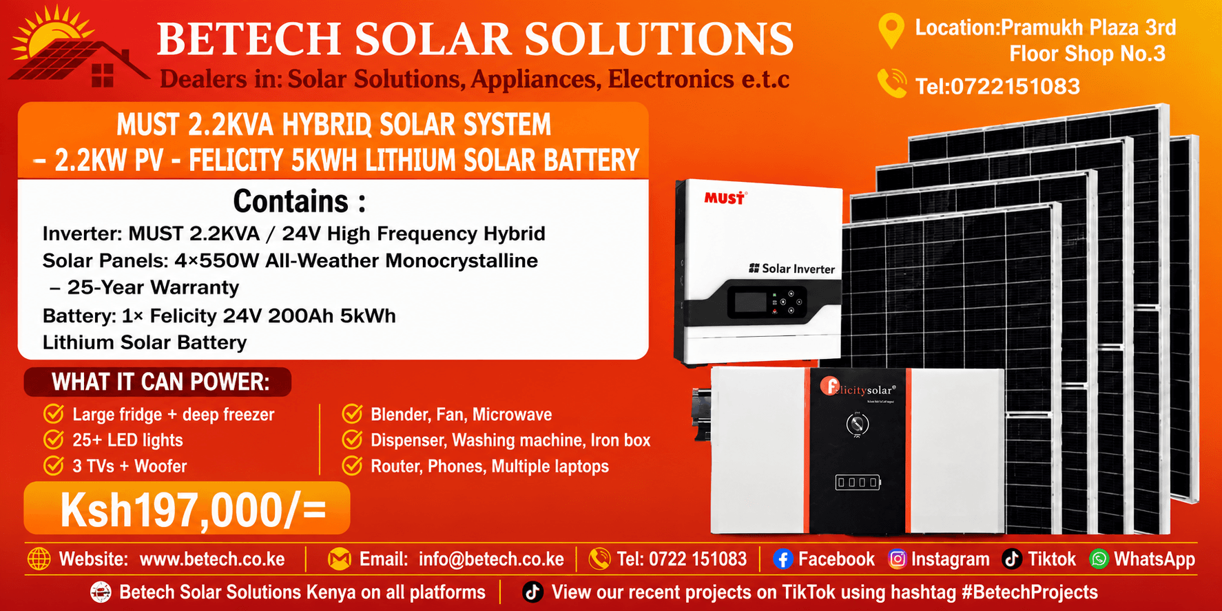 MUST 2.2KVA Hybrid Solar System - 2.2KW PV - Felicity 5kWh Lithium Solar Battery