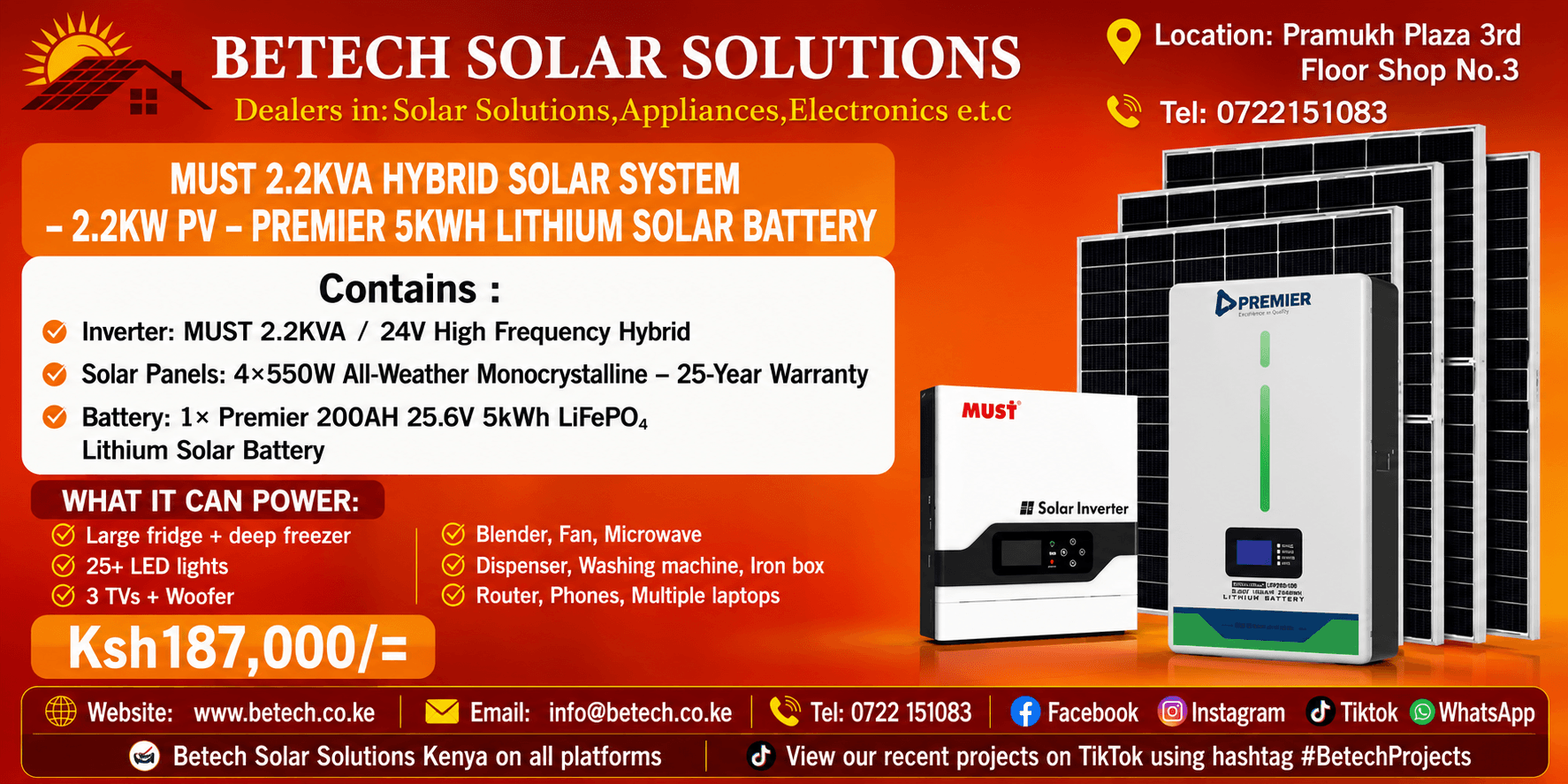 MUST 2.2KVA Hybrid Solar System - 2.2KW PV - Premier 5kWh Lithium Solar Battery