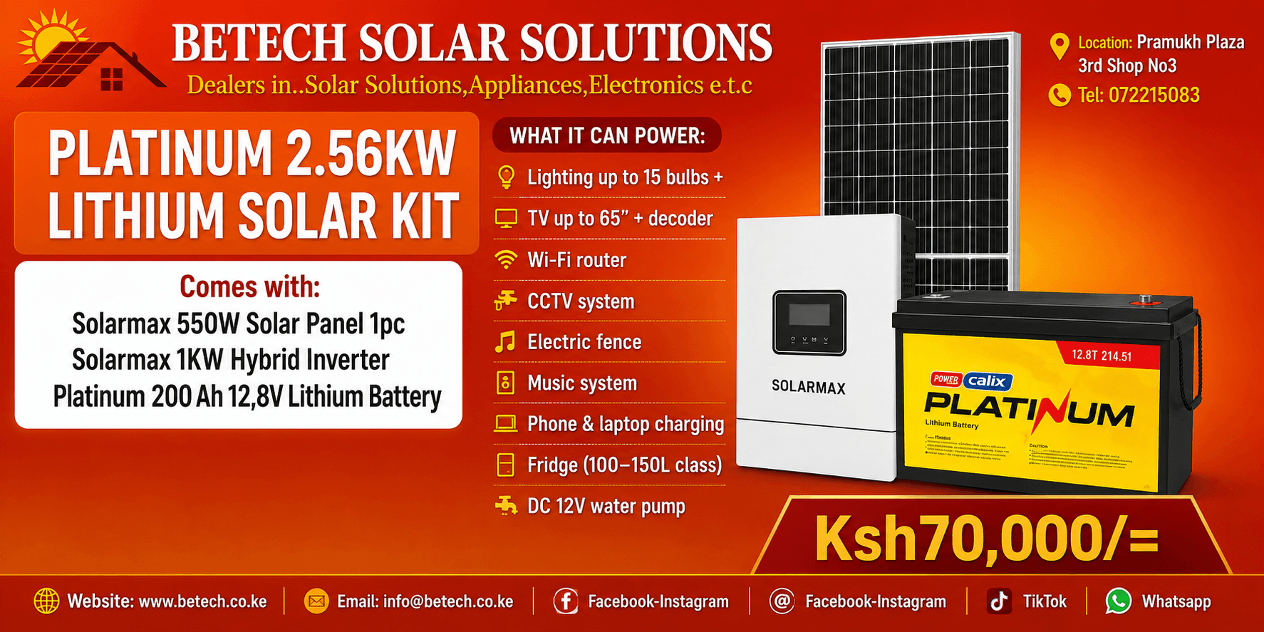 Platinum 2.56kW Lithium Solar Kit with 550W Panel, 200Ah Lithium Battery & 1kW Hybrid Inverter