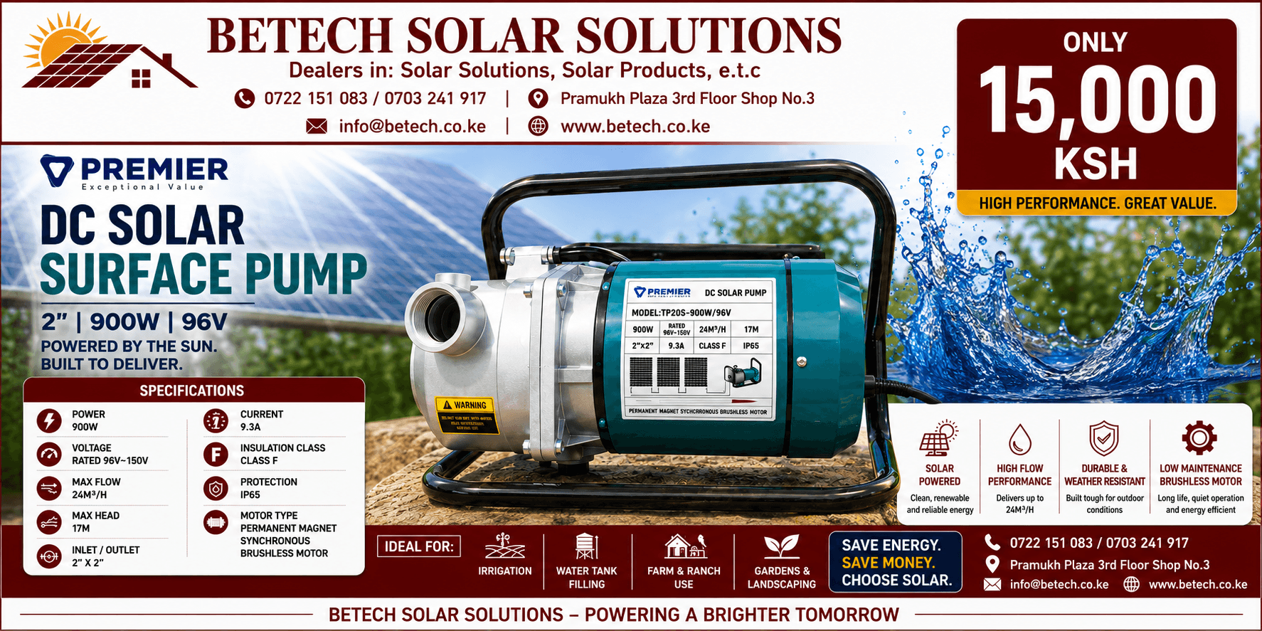 Premier DC Solar Surface Pump 2" 900W 96V