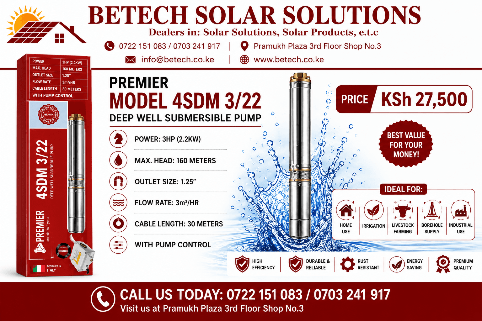 Premier Model 4SDM 3/22 Deep Well Submersible Pump