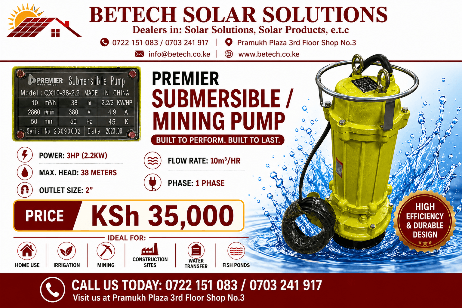 Premier Submersible / Mining Pump QX10-38-2.2