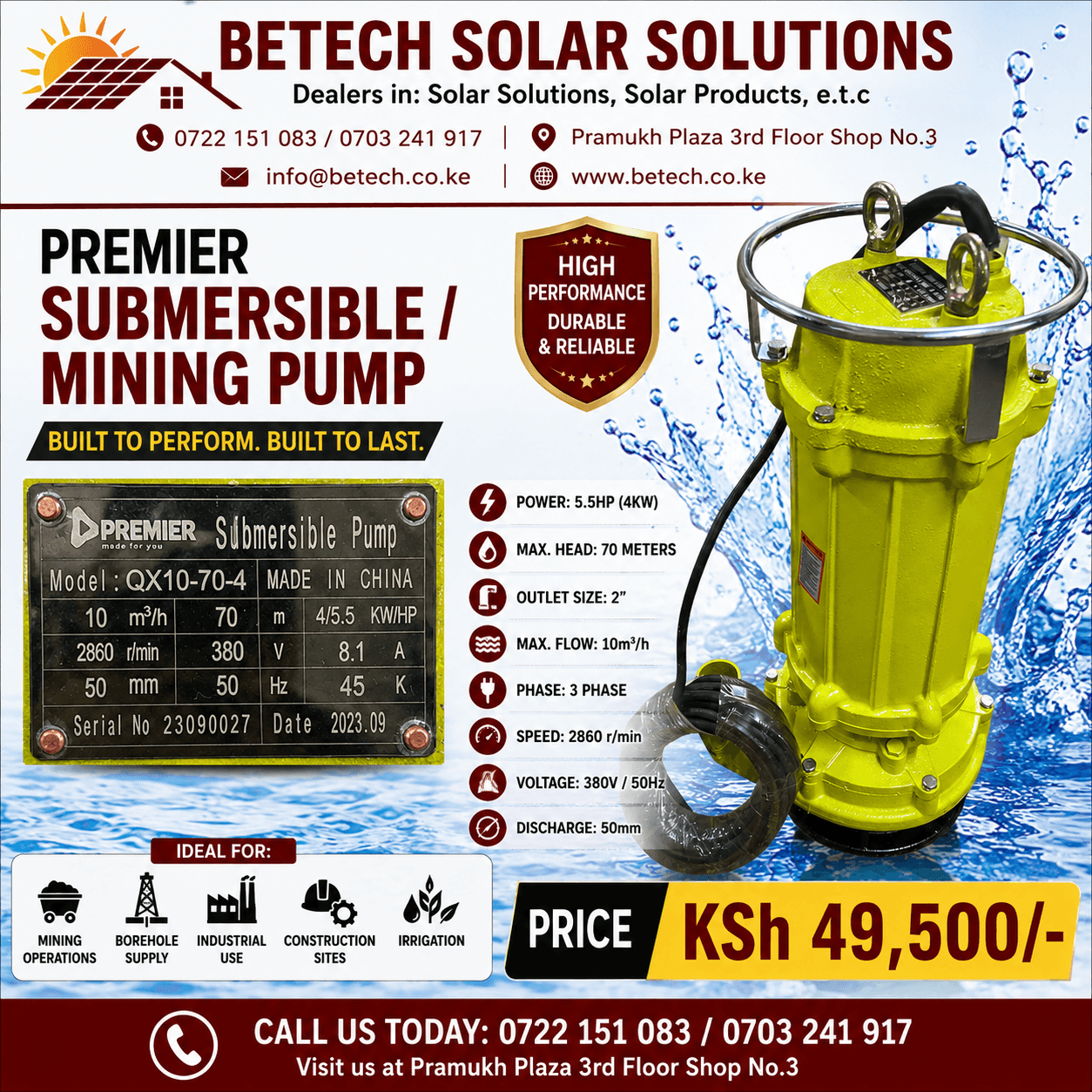 Premier Submersible / Mining Pump QX10-70-4