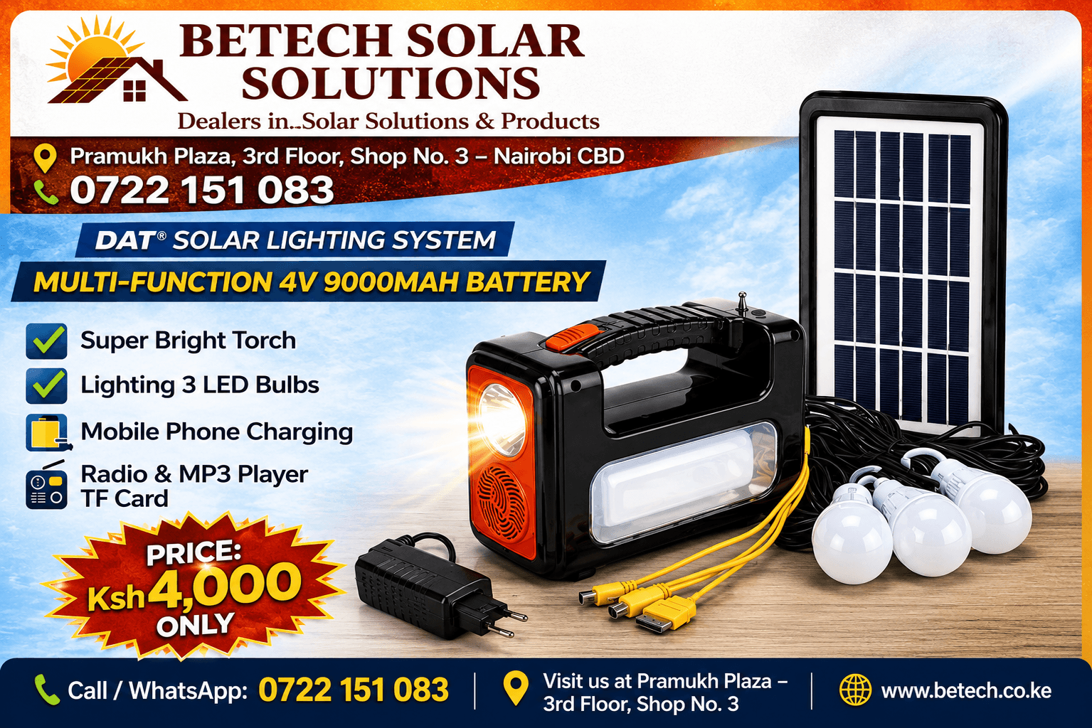 Solar Lighting System Multi-Function 4V 9000mAh Battery
