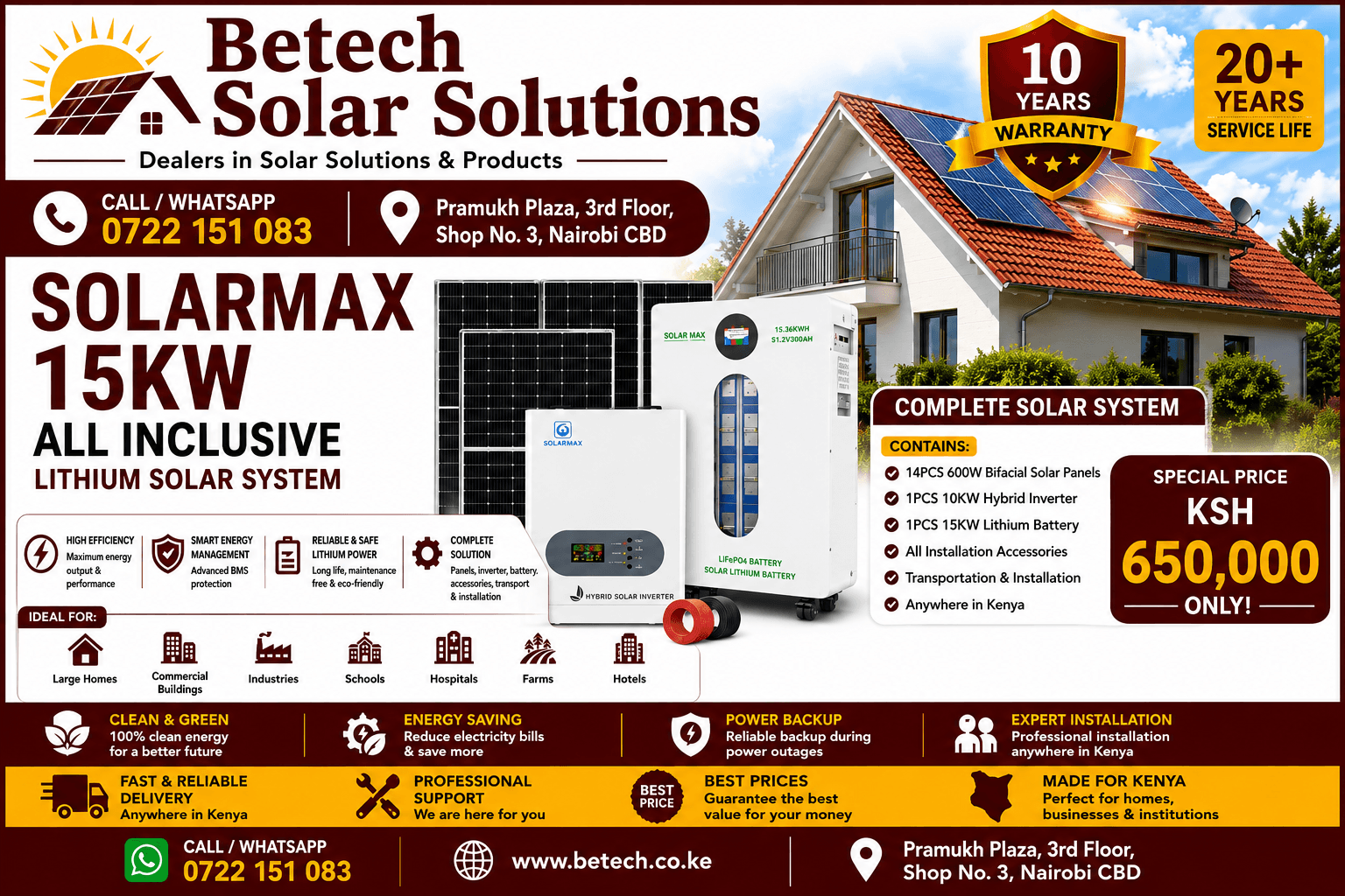 Solarmax 15KW Lithium All inclusive System : 14 Panels 620W , 15KW Lithium Battery , 10KW Hybrid Inverter , All accessories , Transportation and Installation anywhere in Kenya