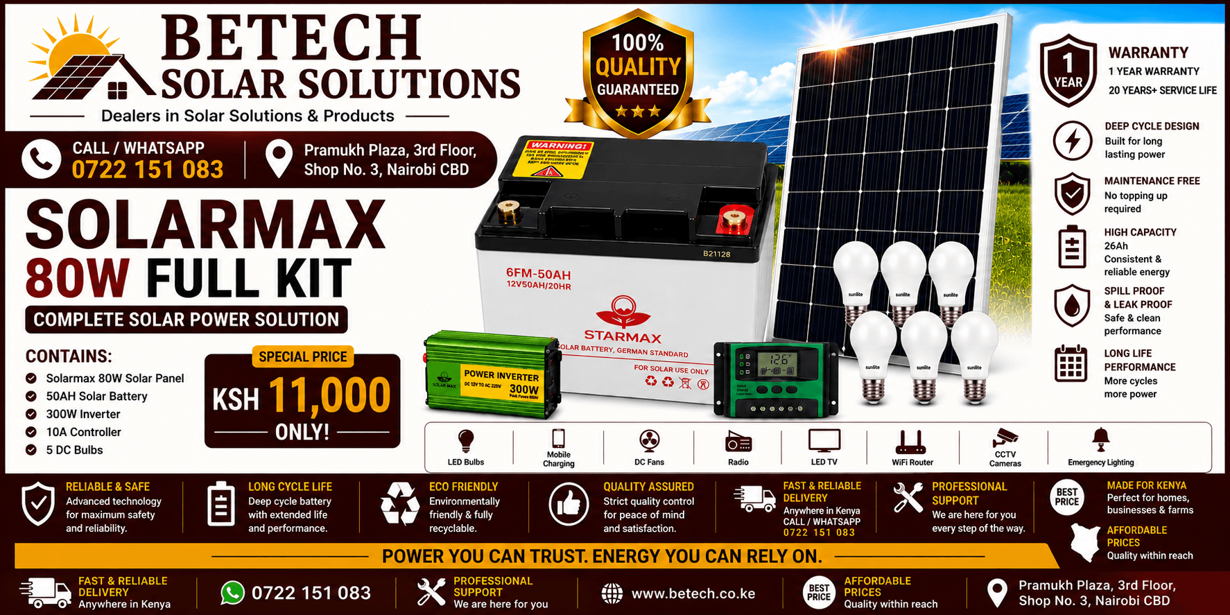 Solarmax 80W Full Kit : Solarmax 80W Solar Panel , Starmax 50AH Battery , 300W Inverter , 10A Controller , 5 DC Bulbs